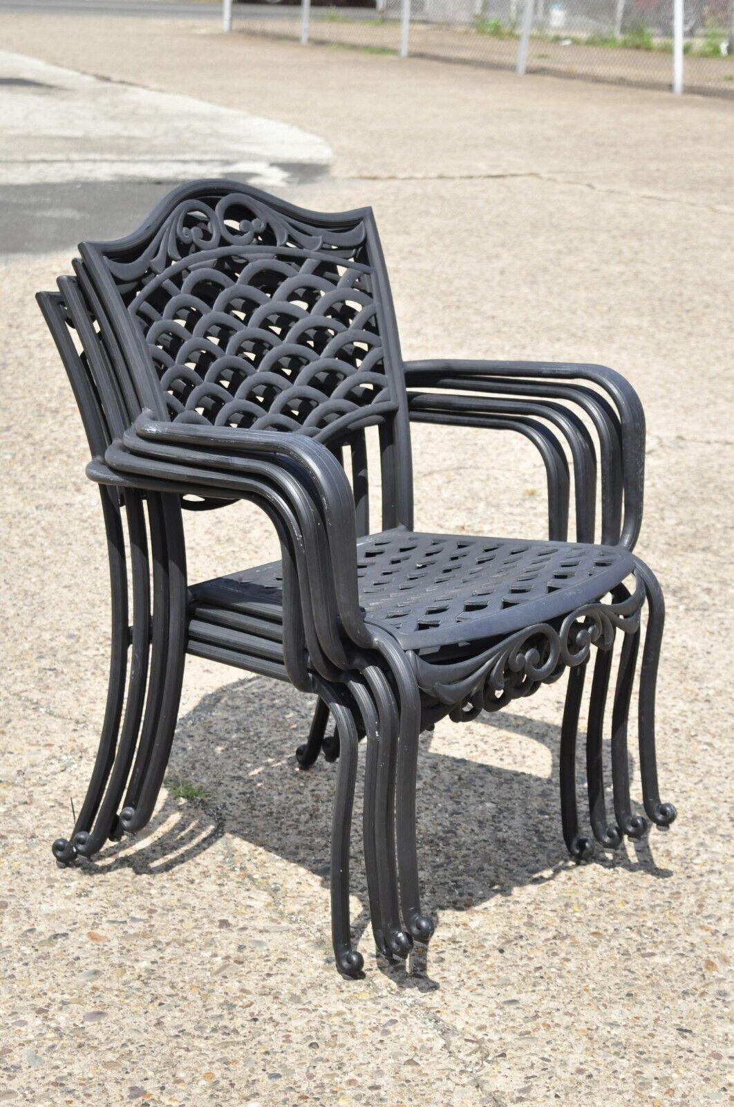 Hollywood Regency 4 Tuscan Mediterranean Style Black Aluminum Metal Garden Patio Dining Chair For Sale
