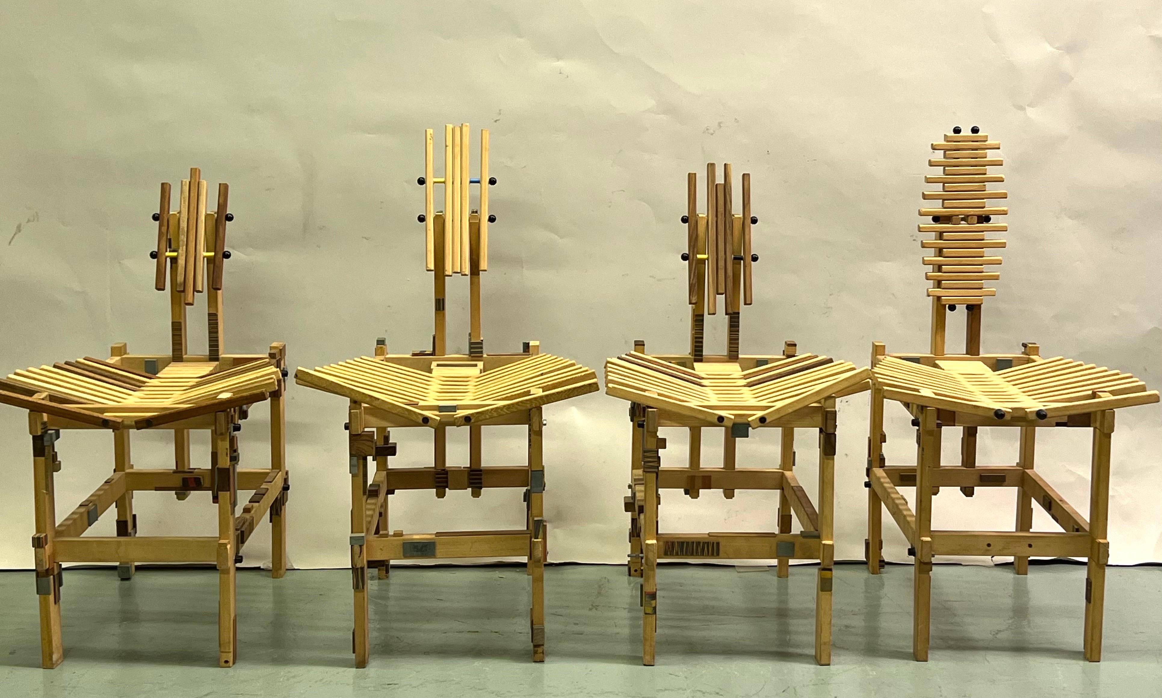 4 Individual Handmade Artist Chairs in the style of the Compana Brothers. The chairs are each uniquely composed of wood and flexibly fastened allowing movement of the individual elements to function as movable sculptures and as functional seating.