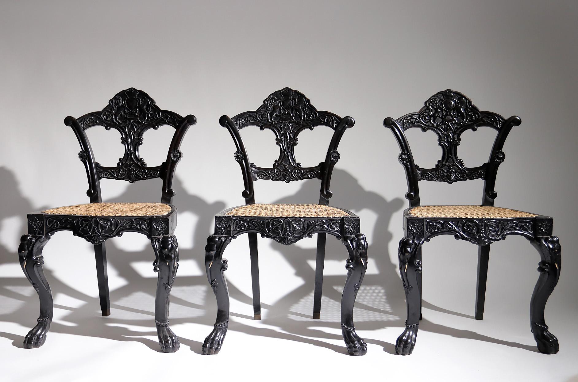 4 Unique Rococo Revival Solid Ebony Anglo-Indian / Ceylon Chairs For Sale 4