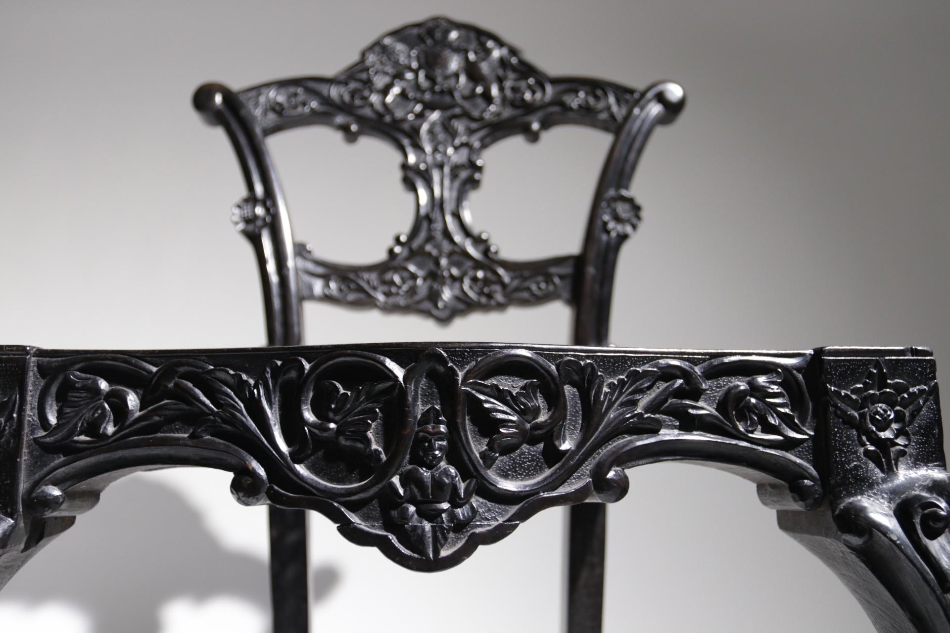 4 Unique Rococo Revival Solid Ebony Anglo-Indian / Ceylon Chairs For Sale 5