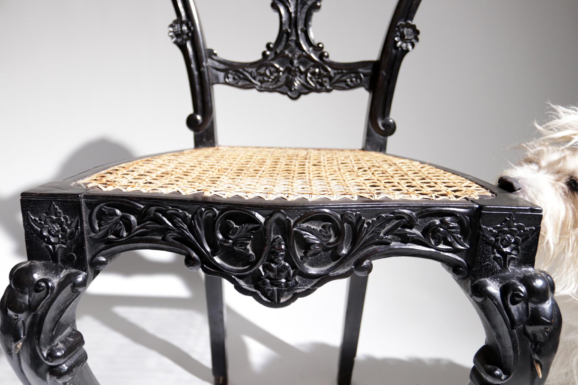 4 Unique Rococo Revival Solid Ebony Anglo-Indian / Ceylon Chairs For Sale 7
