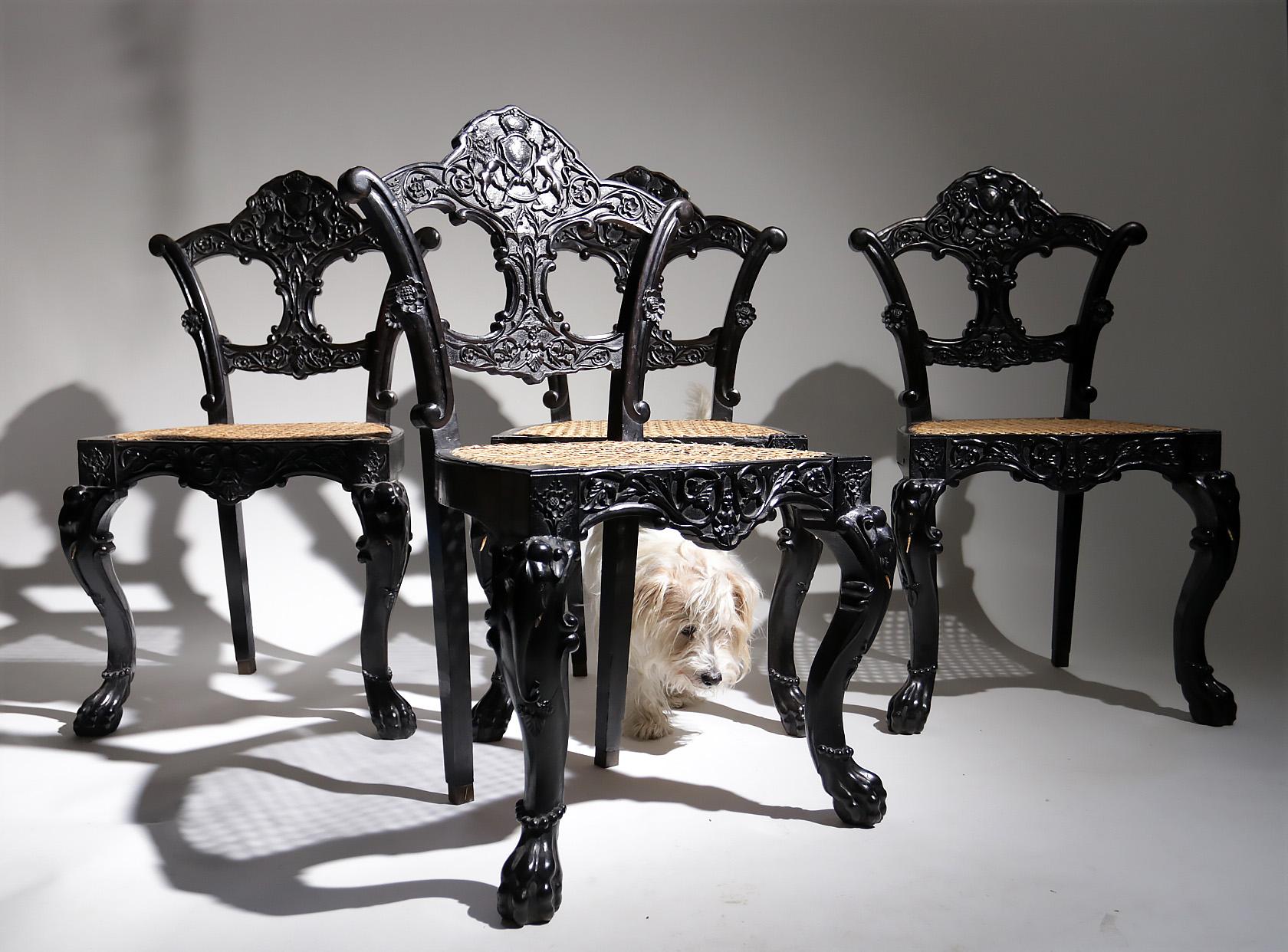4 Unique Rococo Revival Solid Ebony Anglo-Indian / Ceylon Chairs For Sale 12