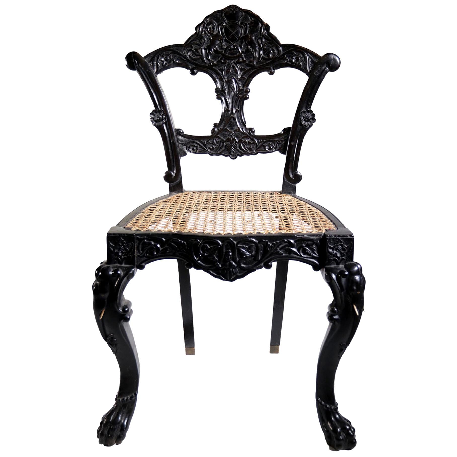 4 chaises uniques de style néo-rococo en ébène massif d'origine anglo-indienne ou de Ceylan