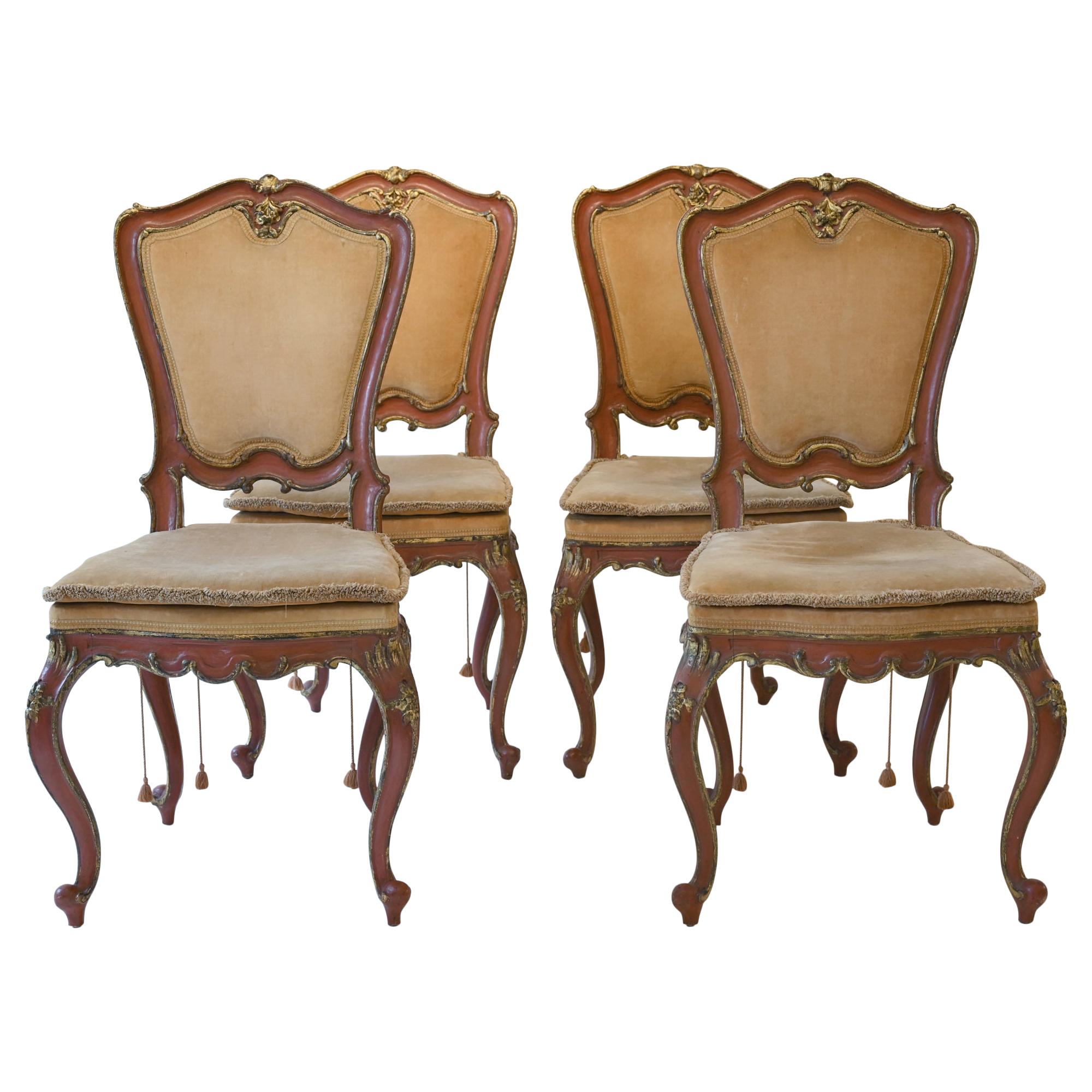 4 Venetian Chairs 18th Century Red Lacquered Painted Partially Giltwood, Italy For Sale