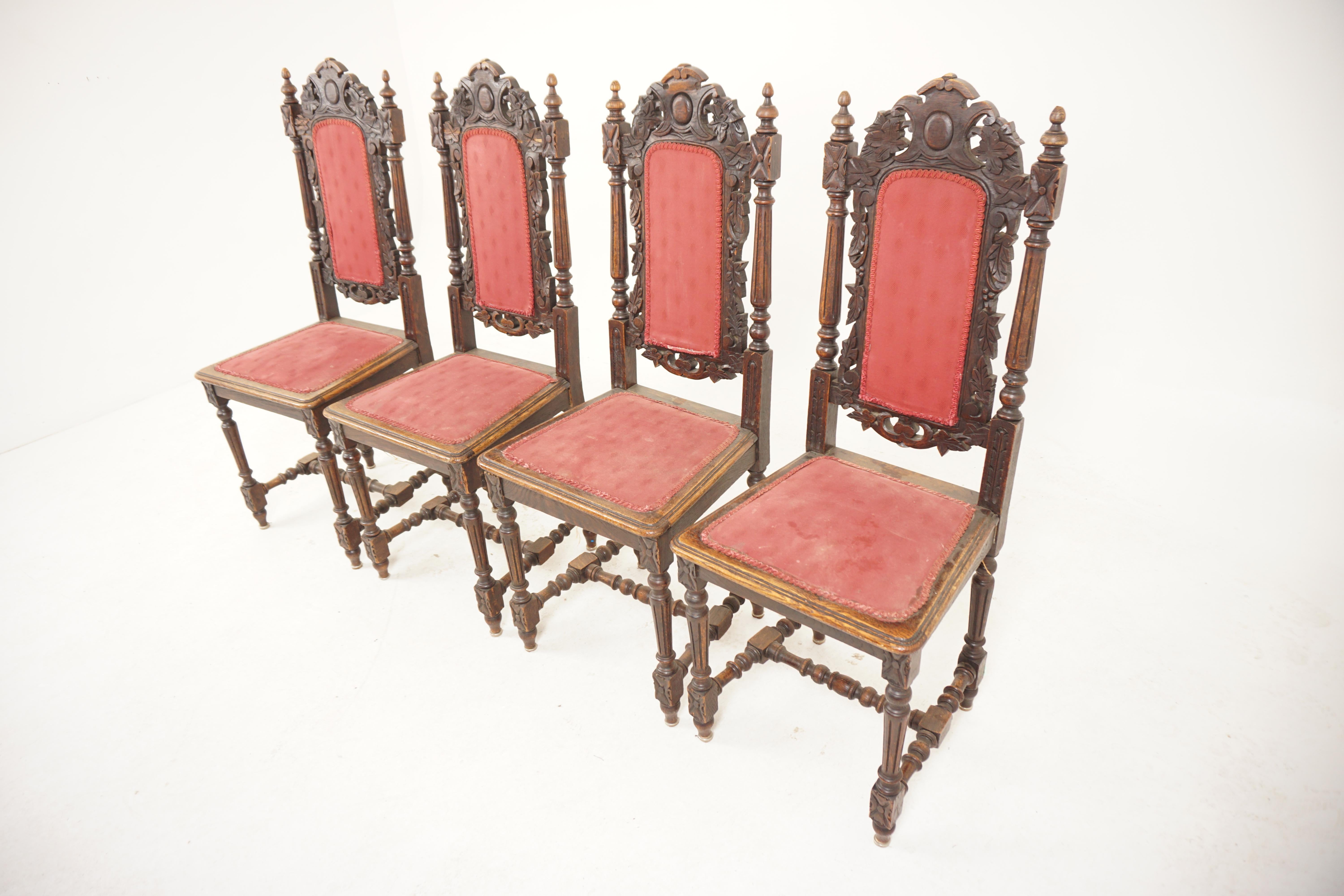 4 Victorian carved oak carolean style dining chairs, occasional chairs, Scotland 1890, H177

Scotland 1890
Solid oak
Original finish
Having ornate carved tops
Carved supports on the ends with finials on top
Upholstered back
Above an