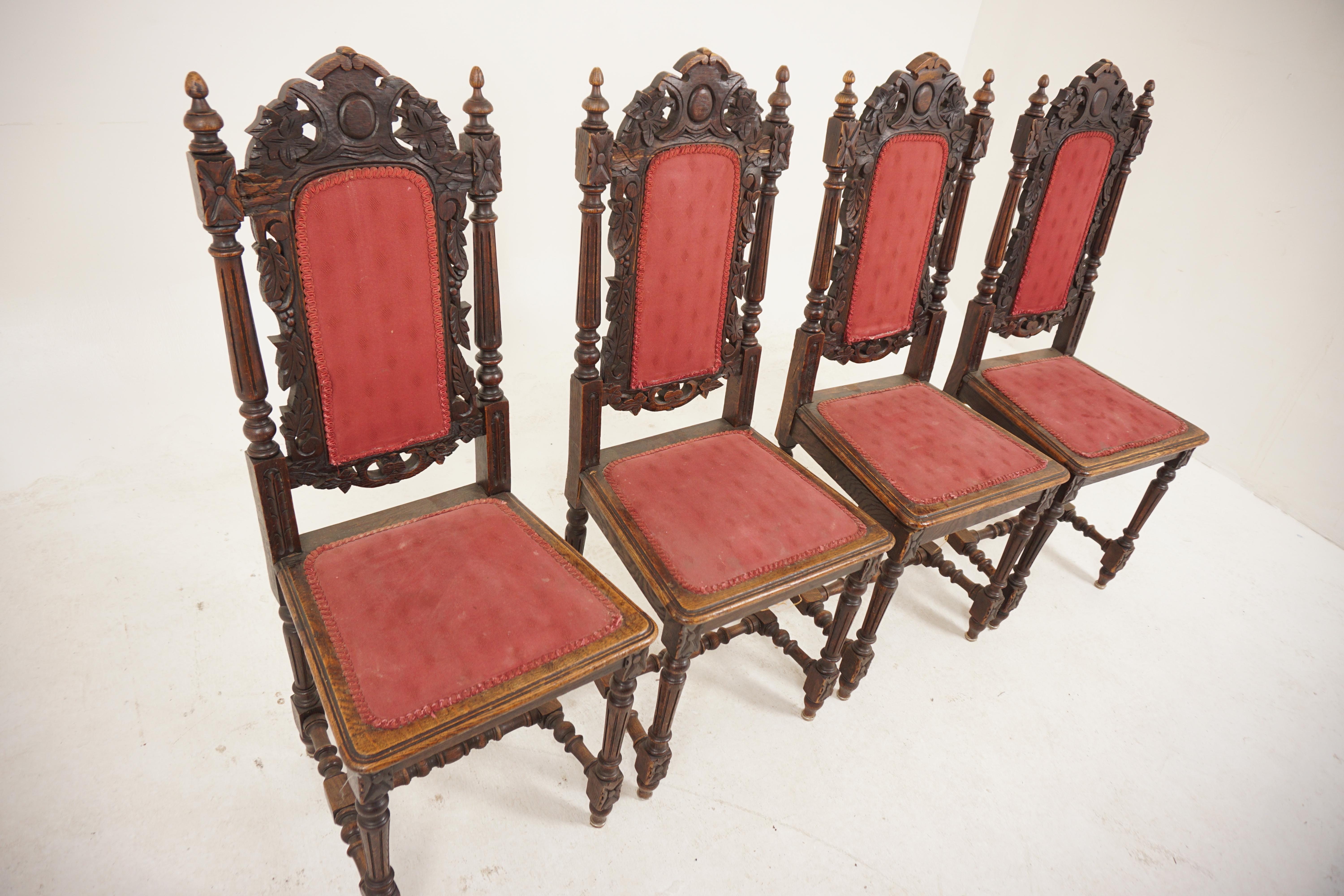 Scottish 4 Victorian Carved Oak Carolean Style Dining Chairs, Scotland 1890, H177