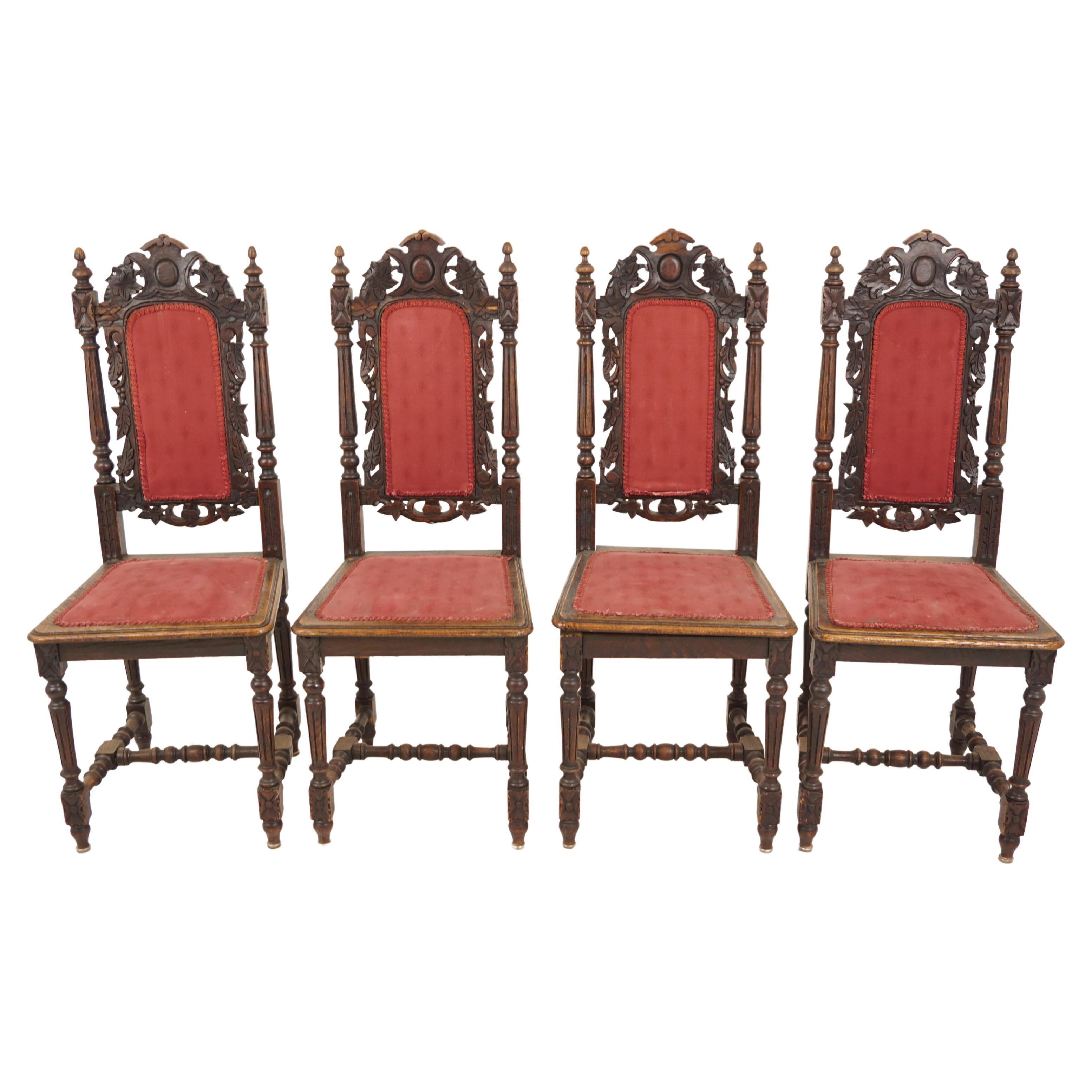4 Victorian Carved Oak Carolean Style Dining Chairs, Scotland 1890, H177
