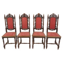 Antique 4 Victorian Carved Oak Carolean Style Dining Chairs, Scotland 1890, H177