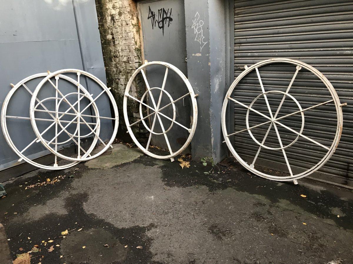 Four very good quality Victorian cast iron circular swivel windows with a segmented triangular design. The windows open perfectly with no wear to the pins or frames and the rebated section fits snugly into place when closed. They all open a little