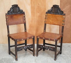 4 Victorian Oak Carved Dining Chairs Armorial Crest Coat of Arms Brown Leather