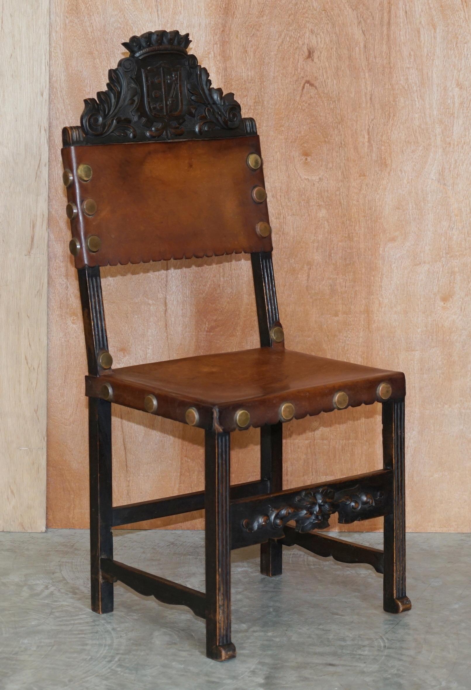 Late Victorian 4 Victorian Oak Carved Dining Chairs Armorial Crest Coat of Arms Brown Leather