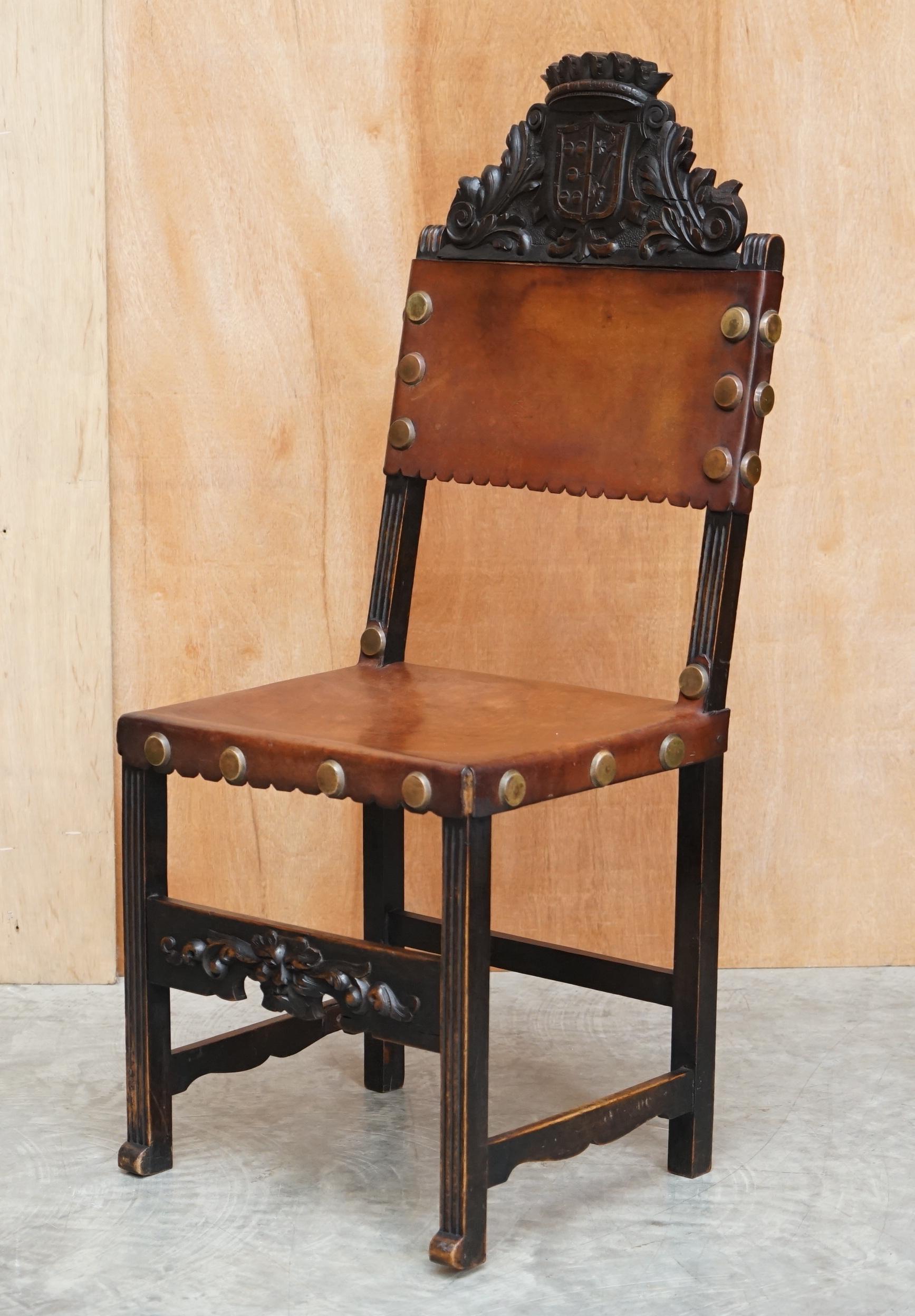 Hand-Crafted 4 Victorian Oak Carved Dining Chairs Armorial Crest Coat of Arms Brown Leather