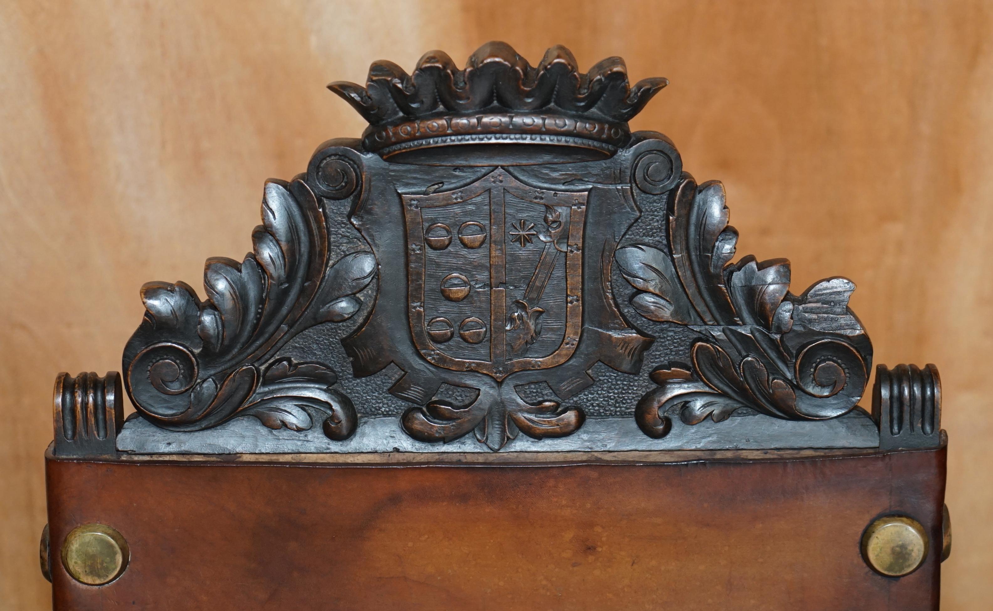 Late 19th Century 4 Victorian Oak Carved Dining Chairs Armorial Crest Coat of Arms Brown Leather