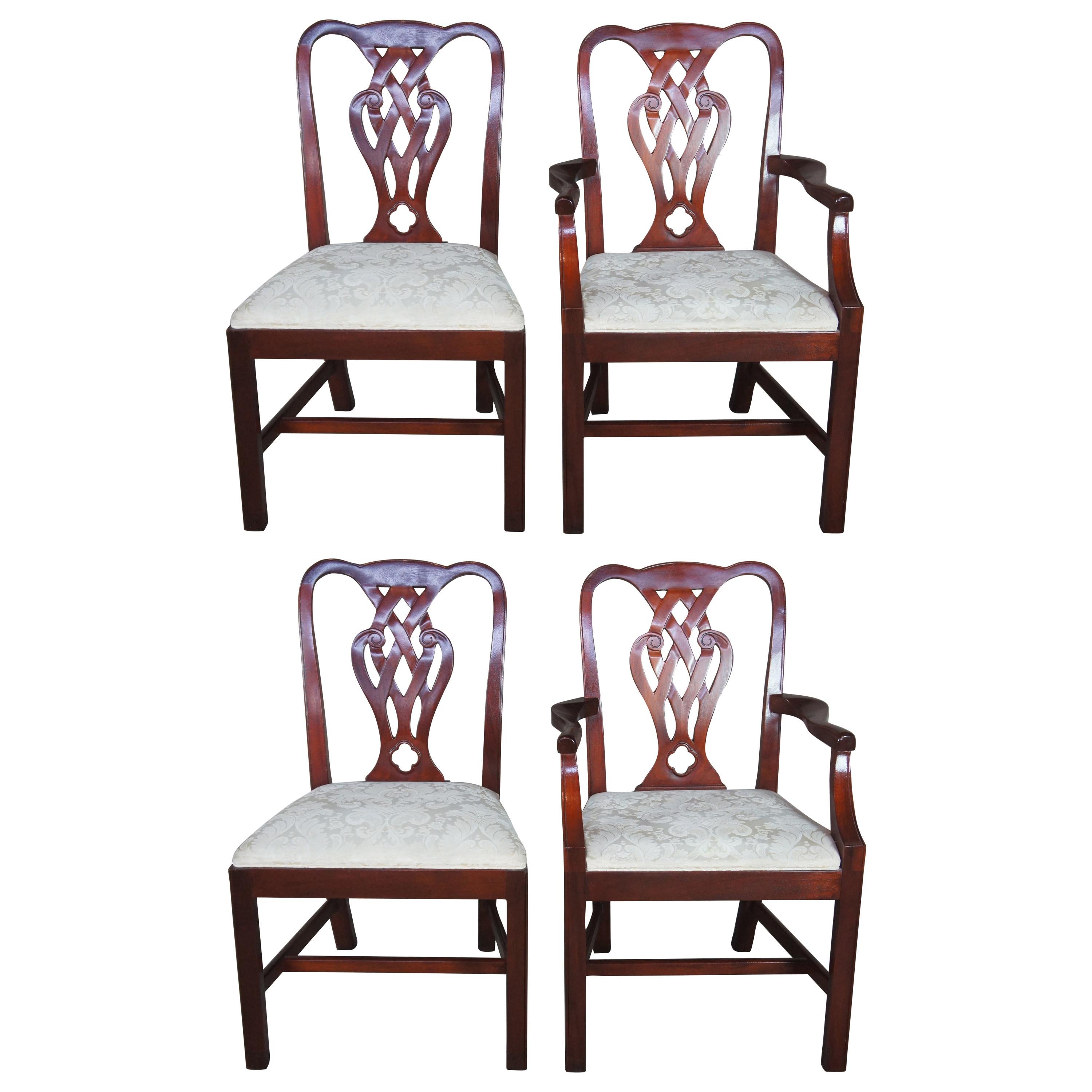 4 Vintage Baker Chippendale Style Pretzel Back Mahogany Dining Arm & Side Chairs