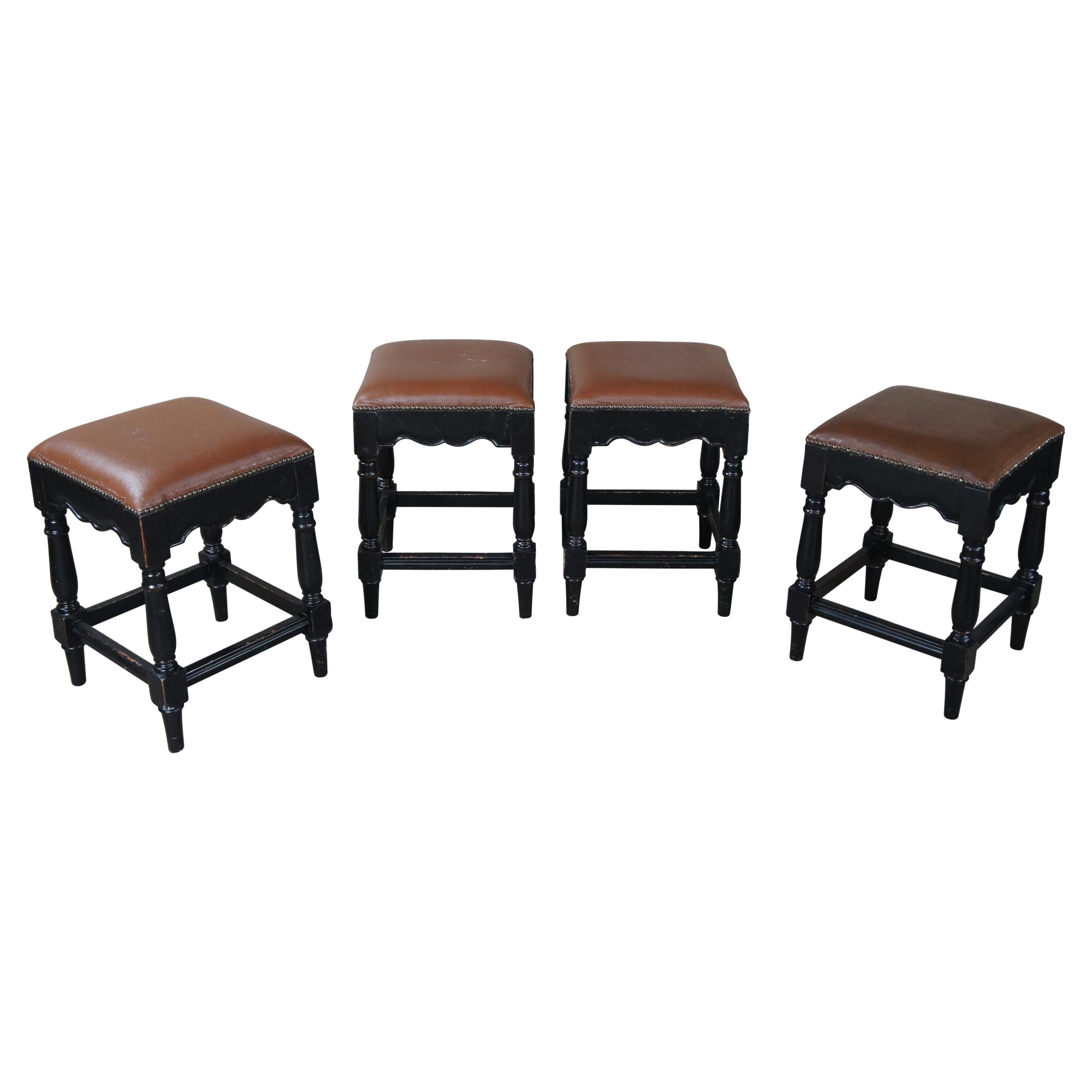 4 Vintage Ballard Design Marlow French Country Leather Nailhead Counter Stools  For Sale