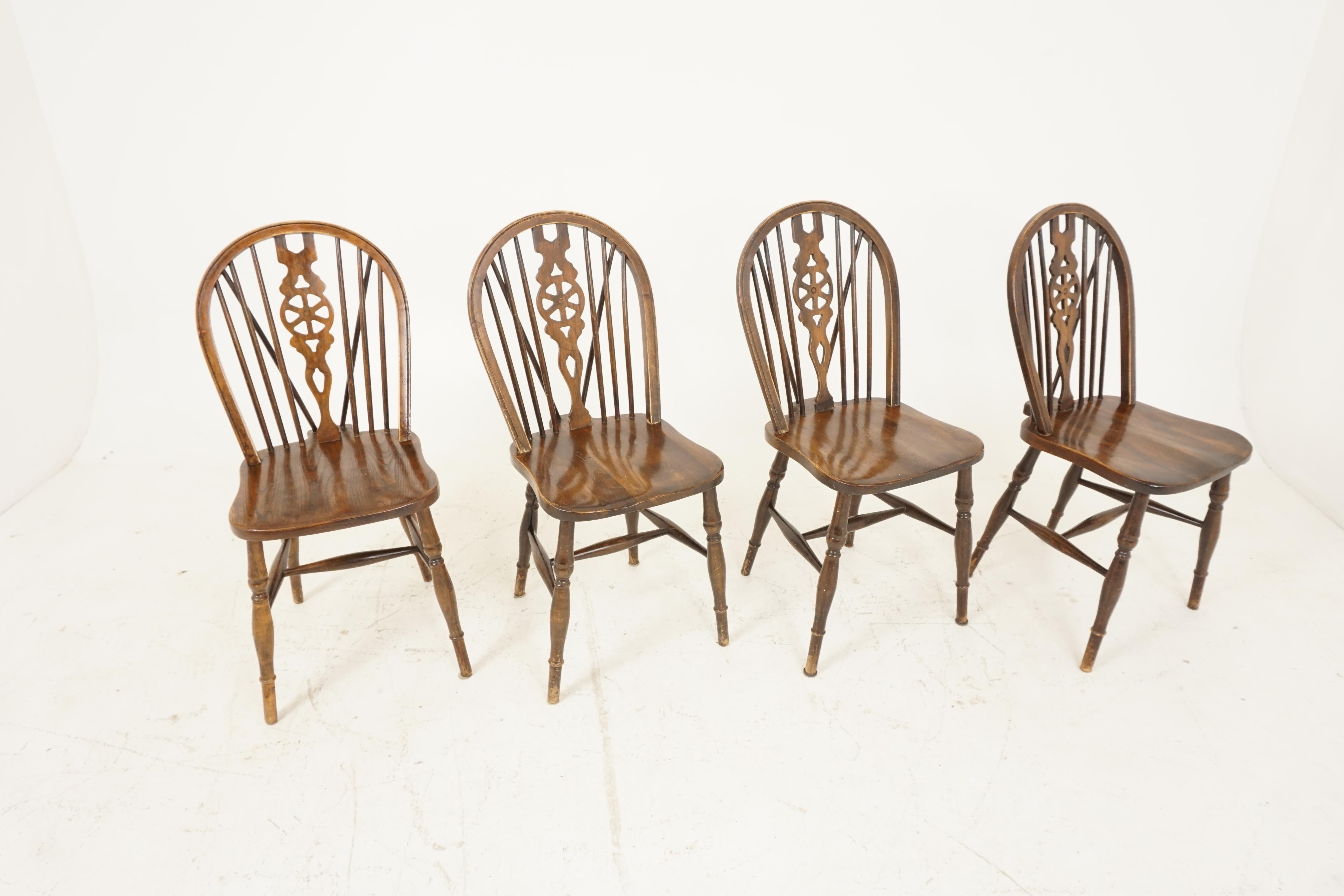 Hand-Crafted 4 Vintage Beechwood Chairs, Wheelback Windsor Chairs, Canada 1940, B2270