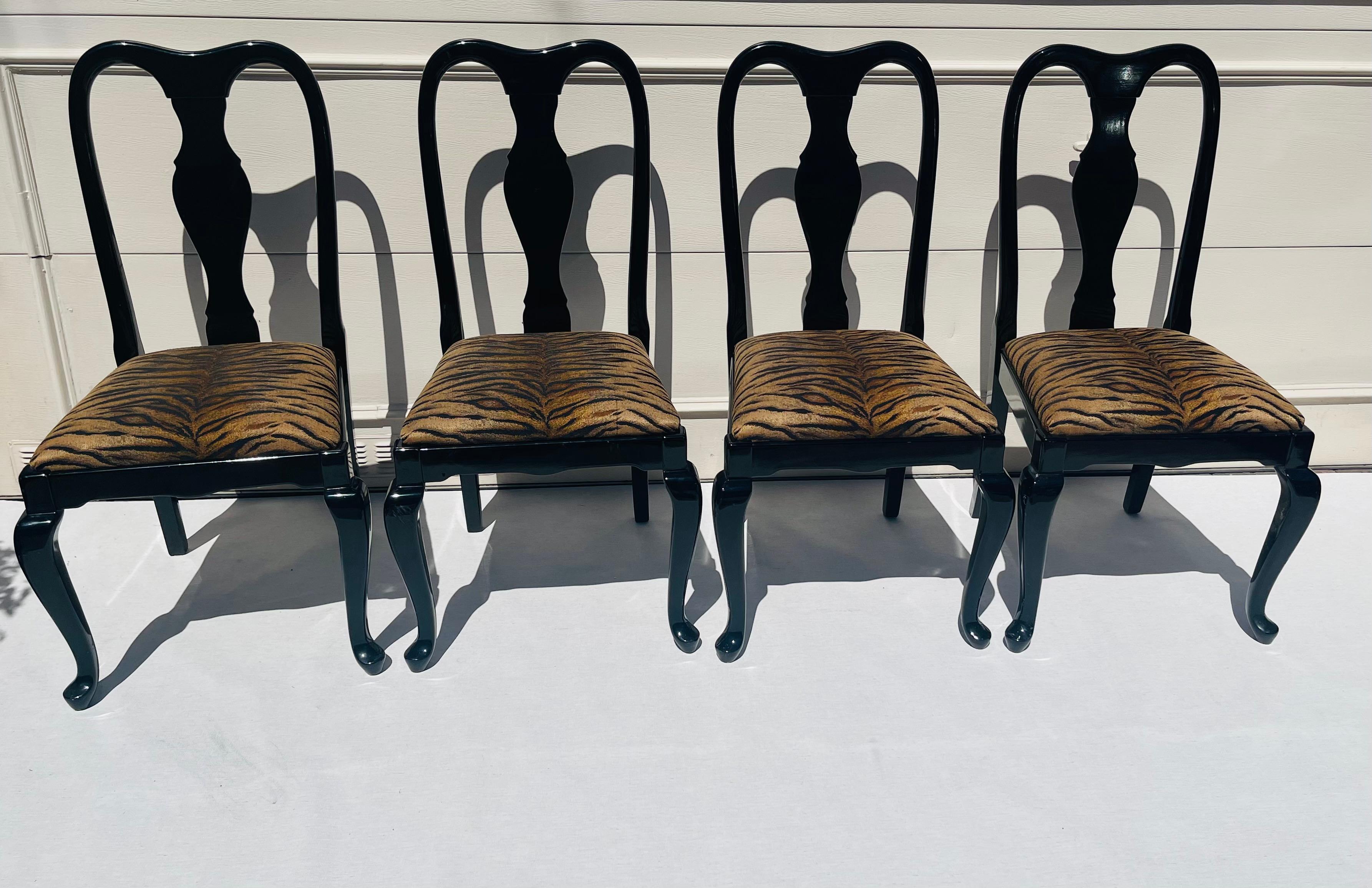 4 Vintage Drexel Furniture black lacquer high back chairs with tiger brocade upholstery. Great condition.