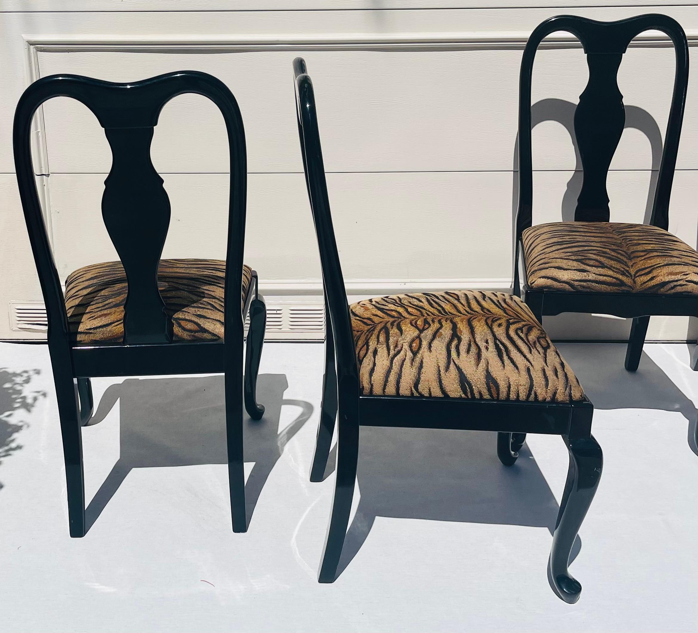 Late 20th Century 4 Vintage Black Lacquer Tiger Brocade Hollywood Regency Chairs For Sale