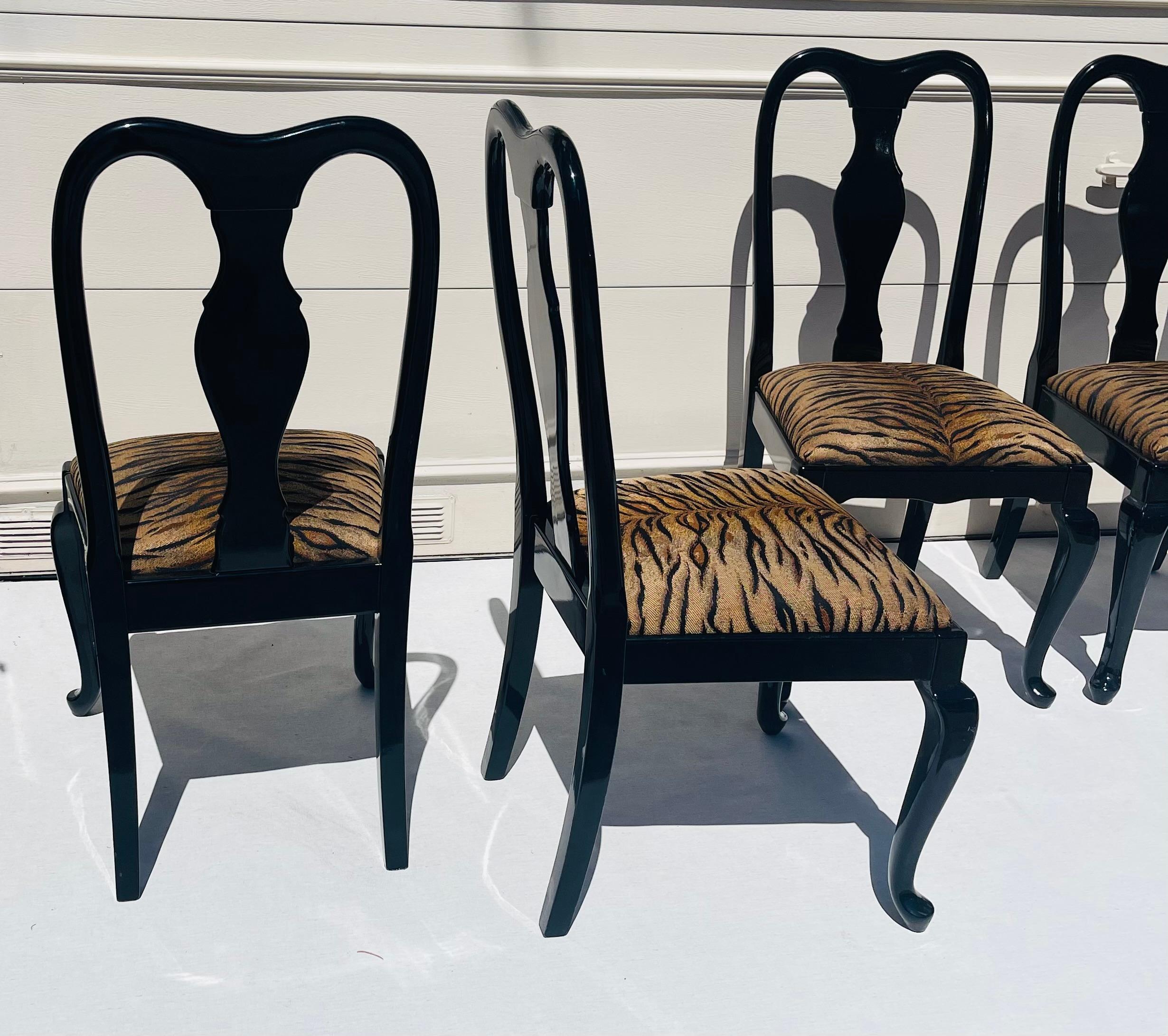 4 Vintage Black Lacquer Tiger Brocade Hollywood Regency Chairs For Sale 1