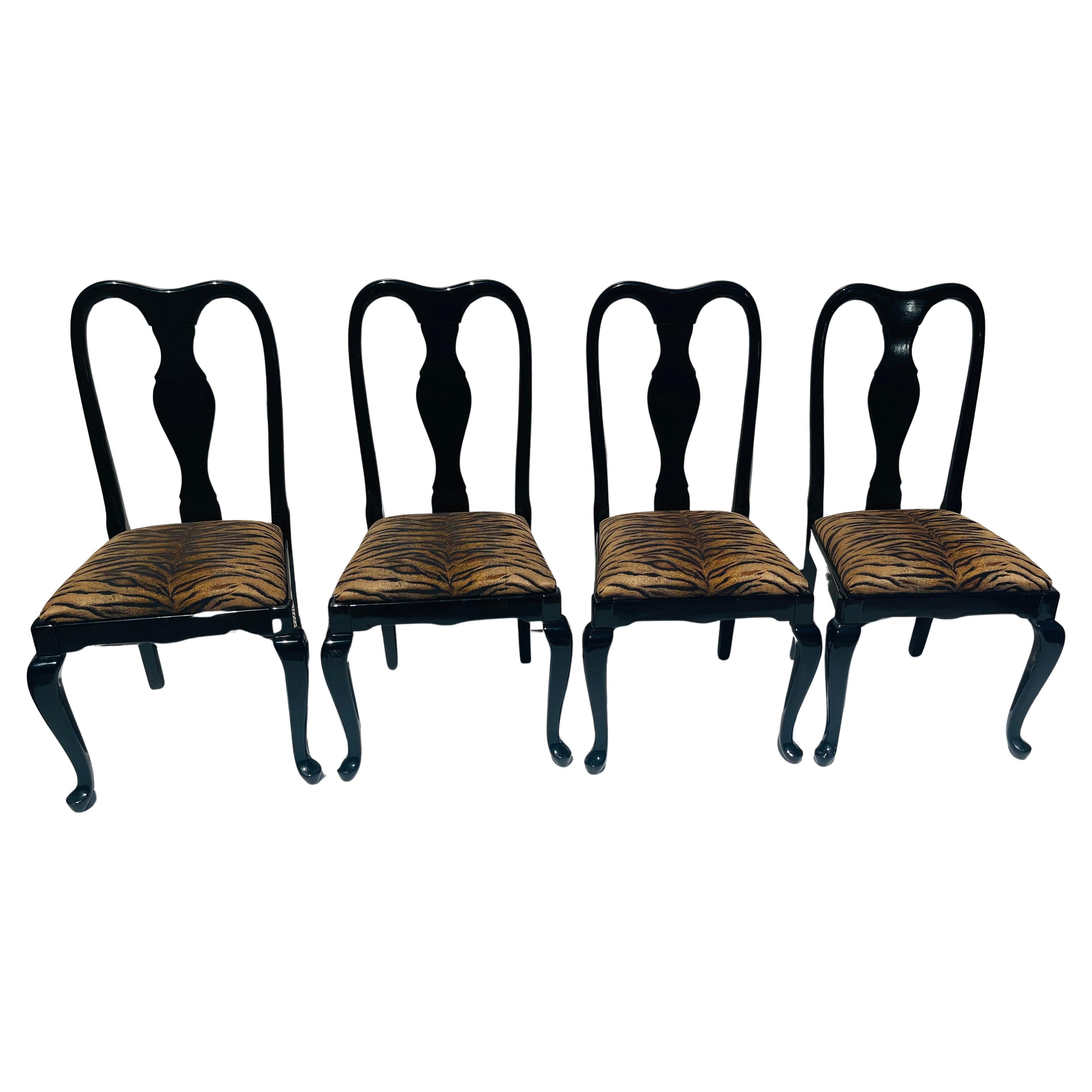 4 Vintage Black Lacquer Tiger Brocade Hollywood Regency Chairs For Sale