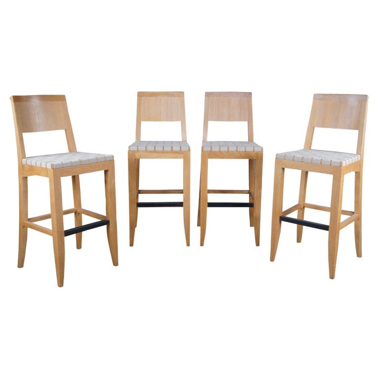 4 Vintage Bohemian Modern Solid Oak Strapped Bar Stools Foot Rest Boho