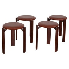 4 Vintage Bruno Rey 3 Legged Stools in Dark Wood with Leather by Dietiker