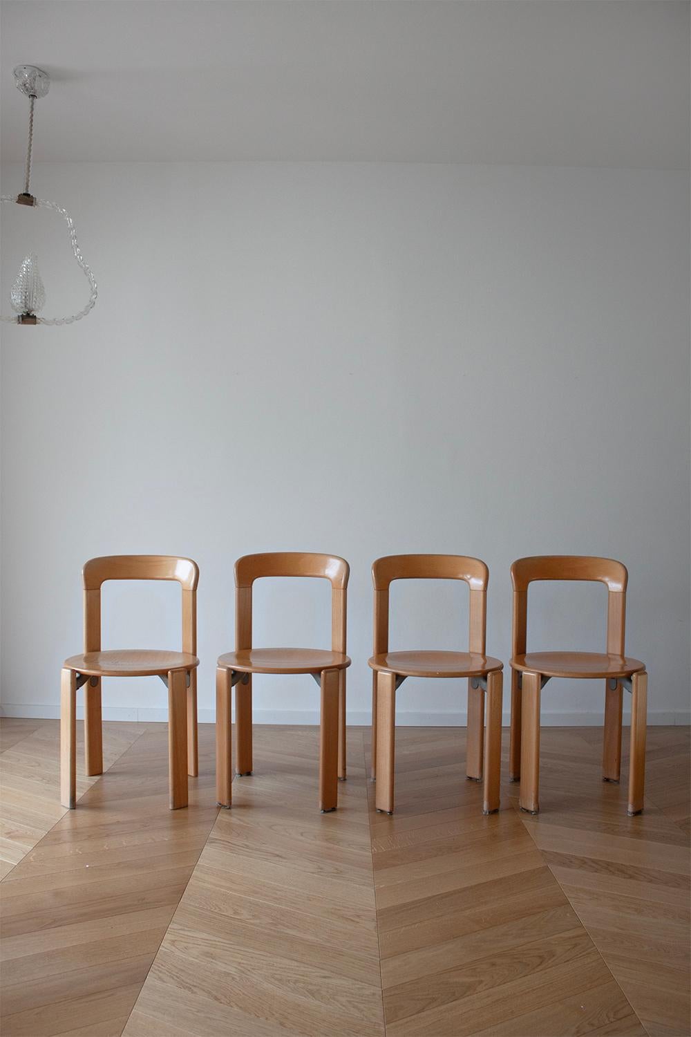 A set of 4. original Bruno Rey chairs. Made by Dietiker in Stein am Rhein, Switzerland.
These Swiss design classics have been a staple of Swiss interiors since 1971.
Its minimal, rounded, and timeless shape has never gone out of style. The Rey