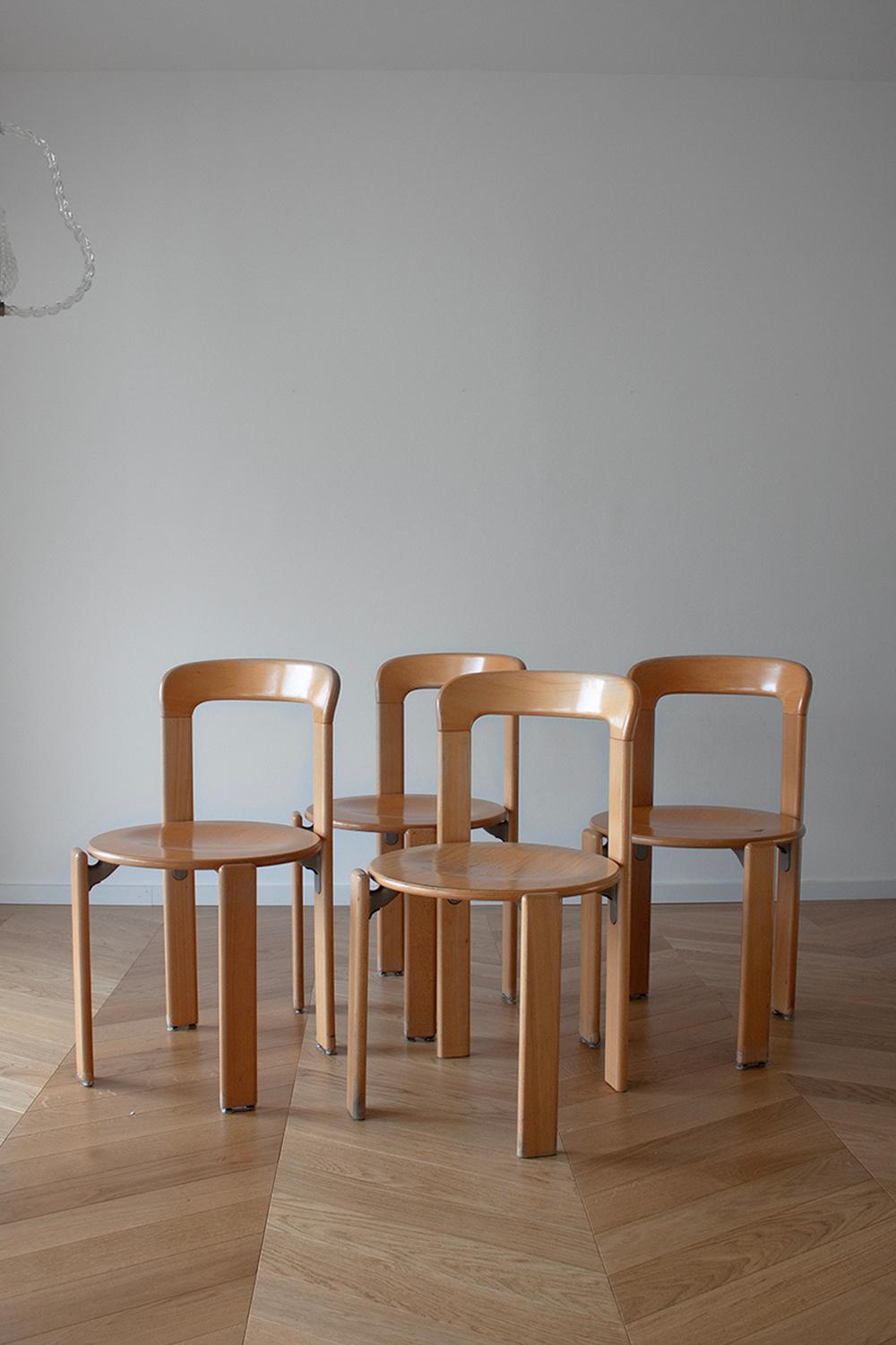 Mid-Century Modern 4 Vintage Bruno Rey Dining Chairs in Natural Beech Wood by Dietiker