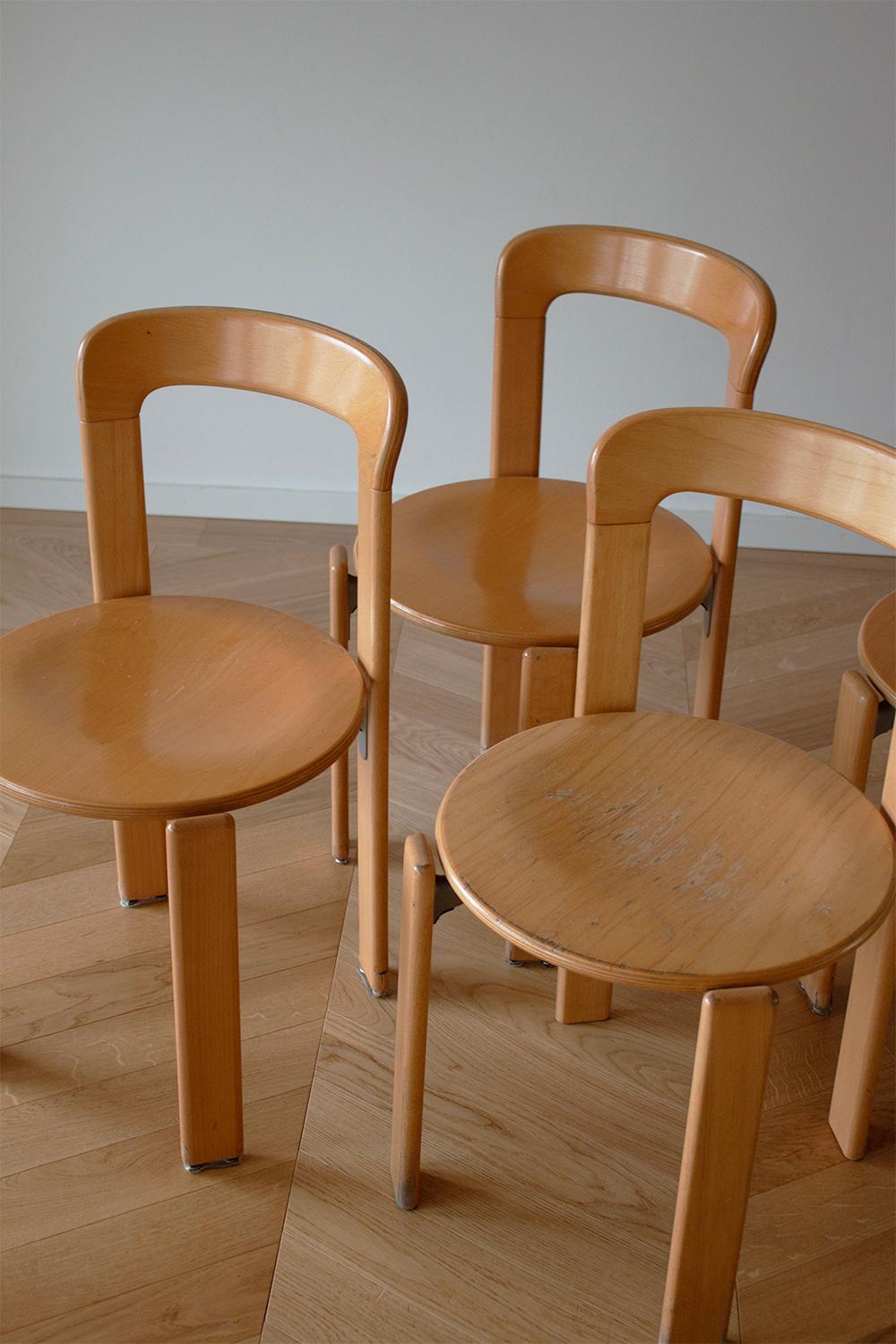 Swiss 4 Vintage Bruno Rey Dining Chairs in Natural Beech Wood by Dietiker