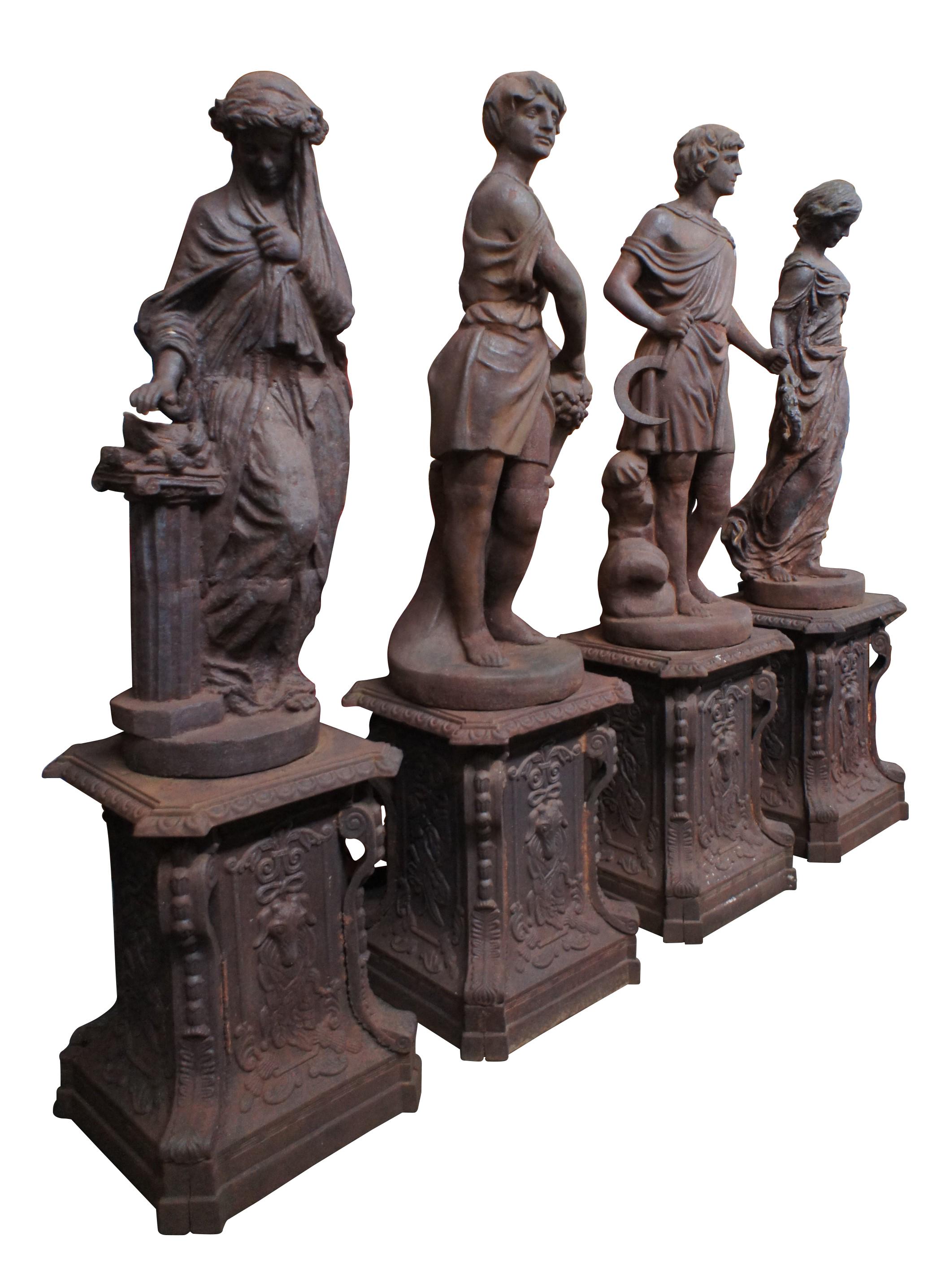 Monumental set of ''Four Seasons'' outdoor garden statues. Drawing inspiration from Victorian, Greek and Roman styling. Crafted with exceptional detail. Each figure is poised on a square pedestal with egg and dart molded edge over an ornate frame