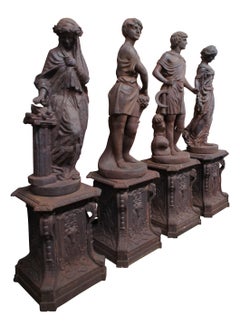 4 Vintage Cast Iron Four Seasons Garden Statues Figures Sculptures Pedestals 90"