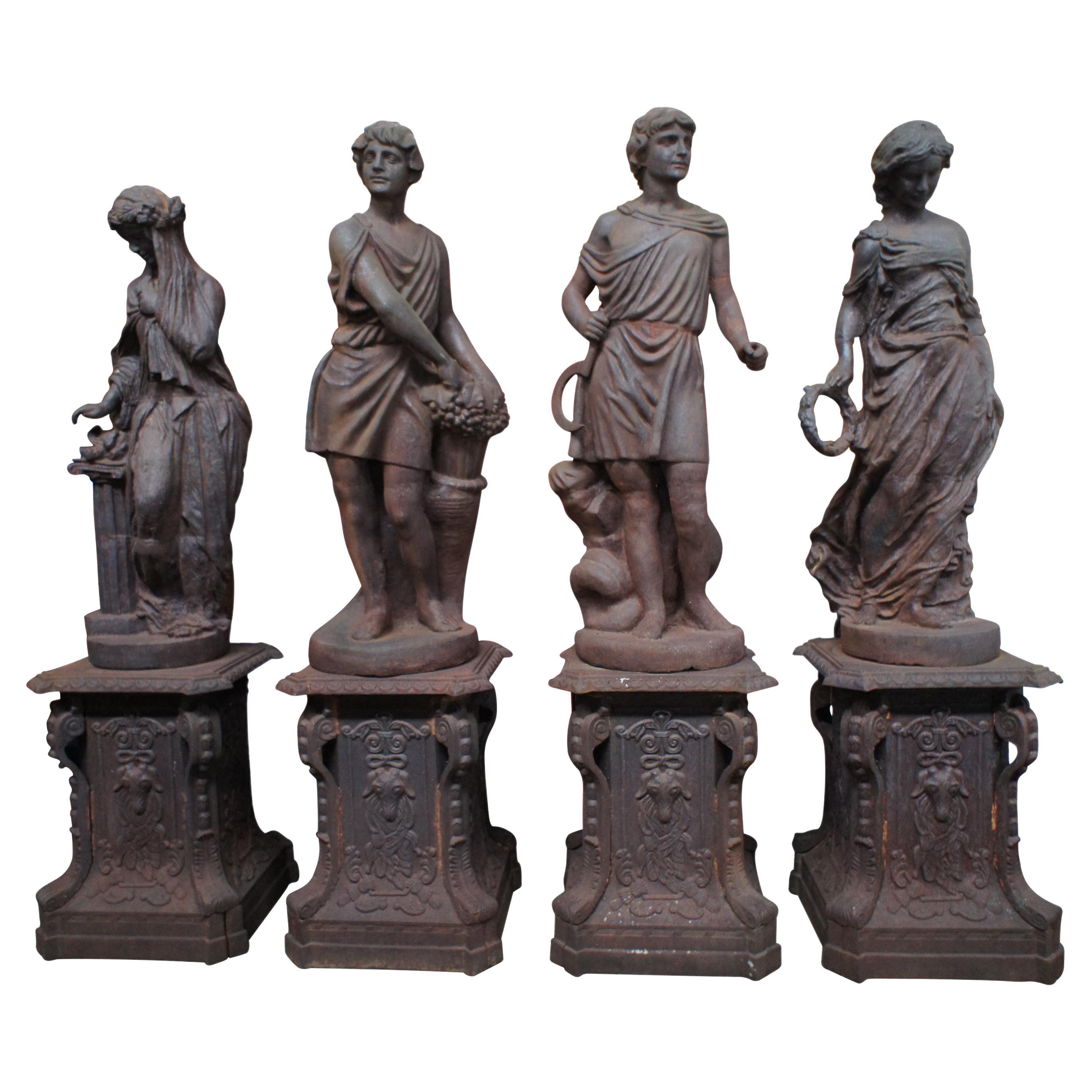 4 Vintage Cast Iron Four Seasons Garden Statues Figures Sculptures Pedestals 90" For Sale