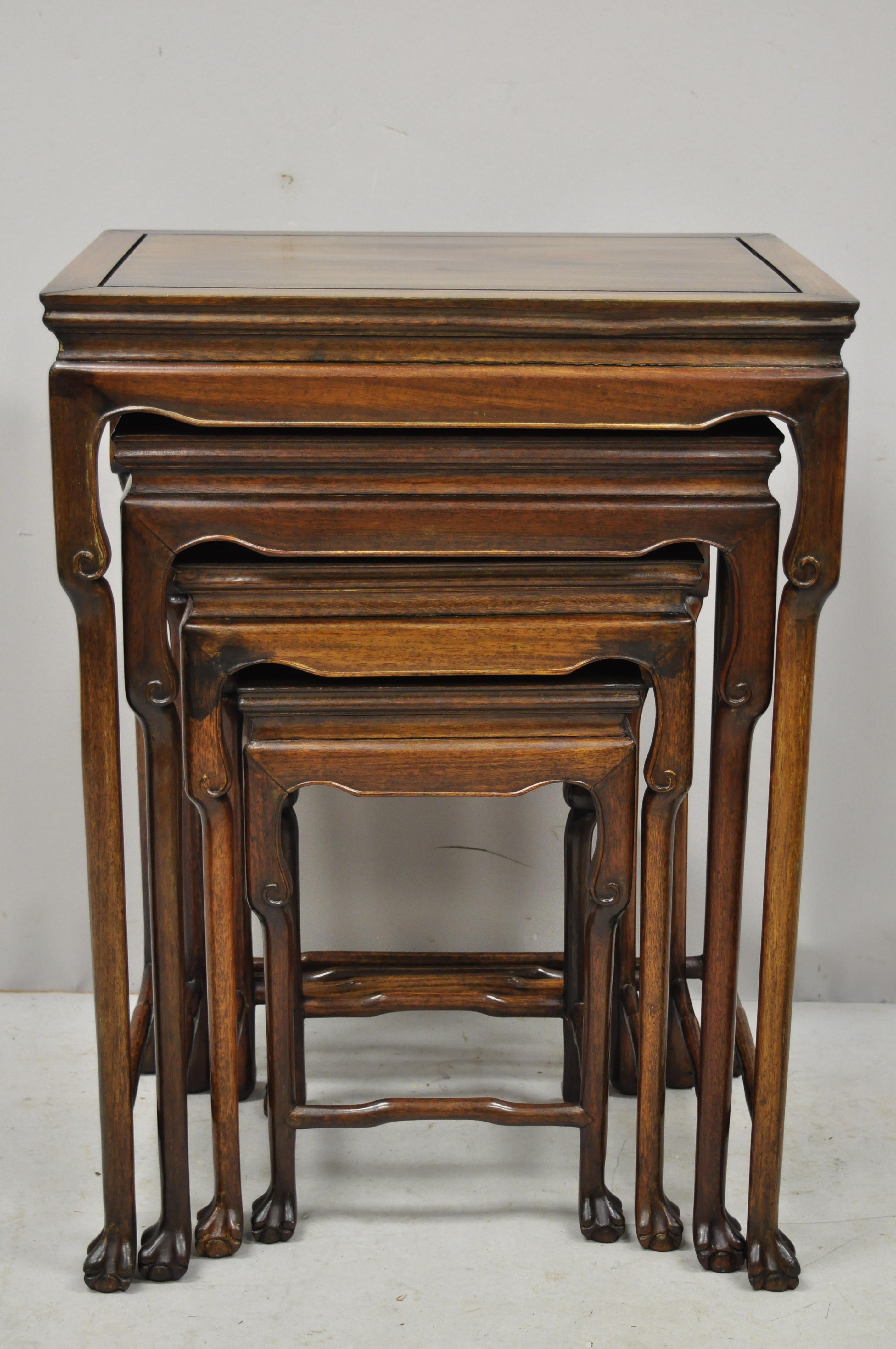4 Vintage Chinese Carved Hardwood Rosewood Nesting Side Tables with Paw Feet For Sale 3