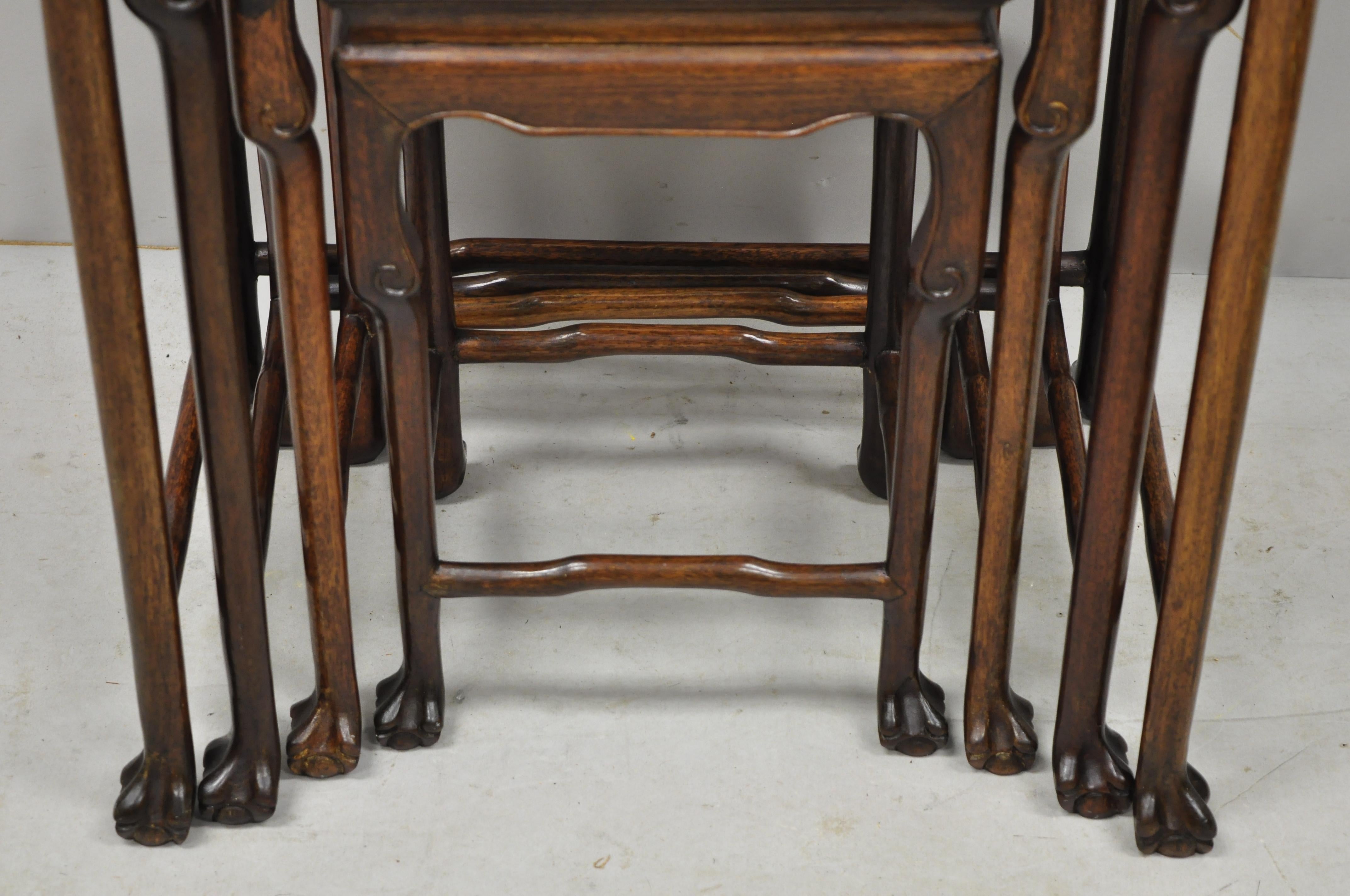 20th Century 4 Vintage Chinese Carved Hardwood Rosewood Nesting Side Tables with Paw Feet For Sale