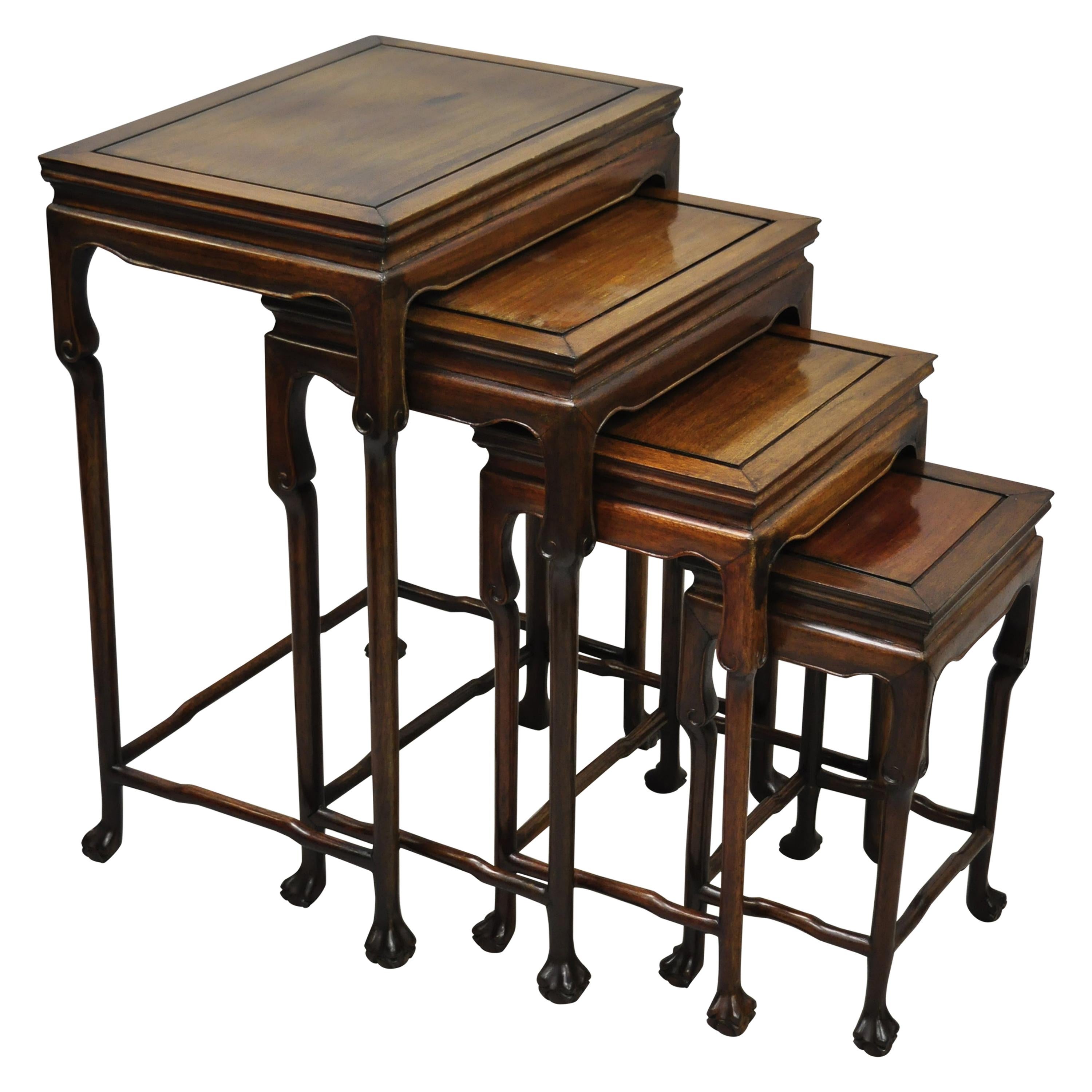 4 Vintage Chinese Carved Hardwood Rosewood Nesting Side Tables with Paw Feet
