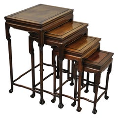 4 Retro Chinese Carved Hardwood Rosewood Nesting Side Tables with Paw Feet