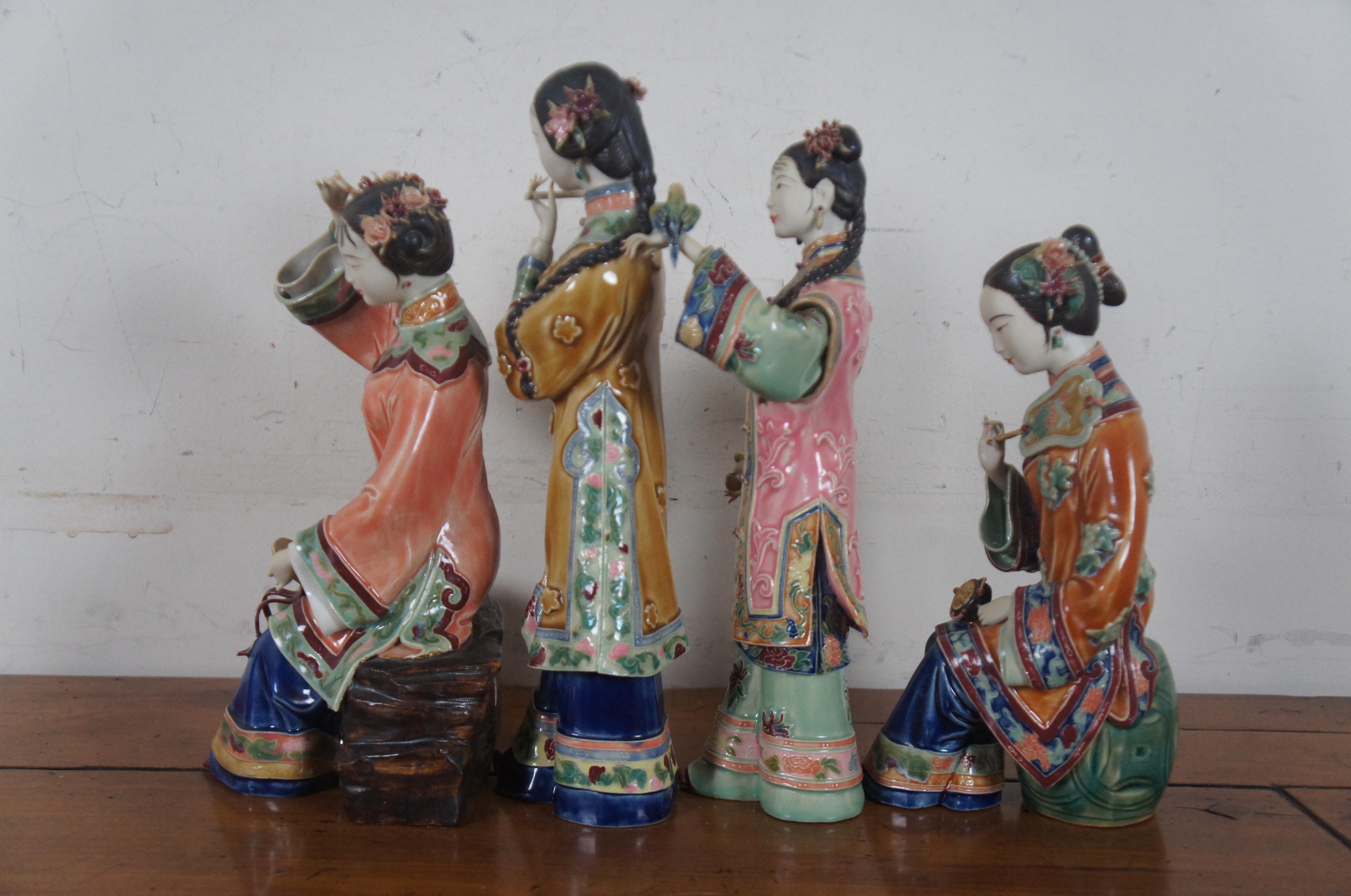 Chinoiserie 4 Vintage Chinese Shiwan Shinwa Porcelain Figurines Maiden Concubines Geisha