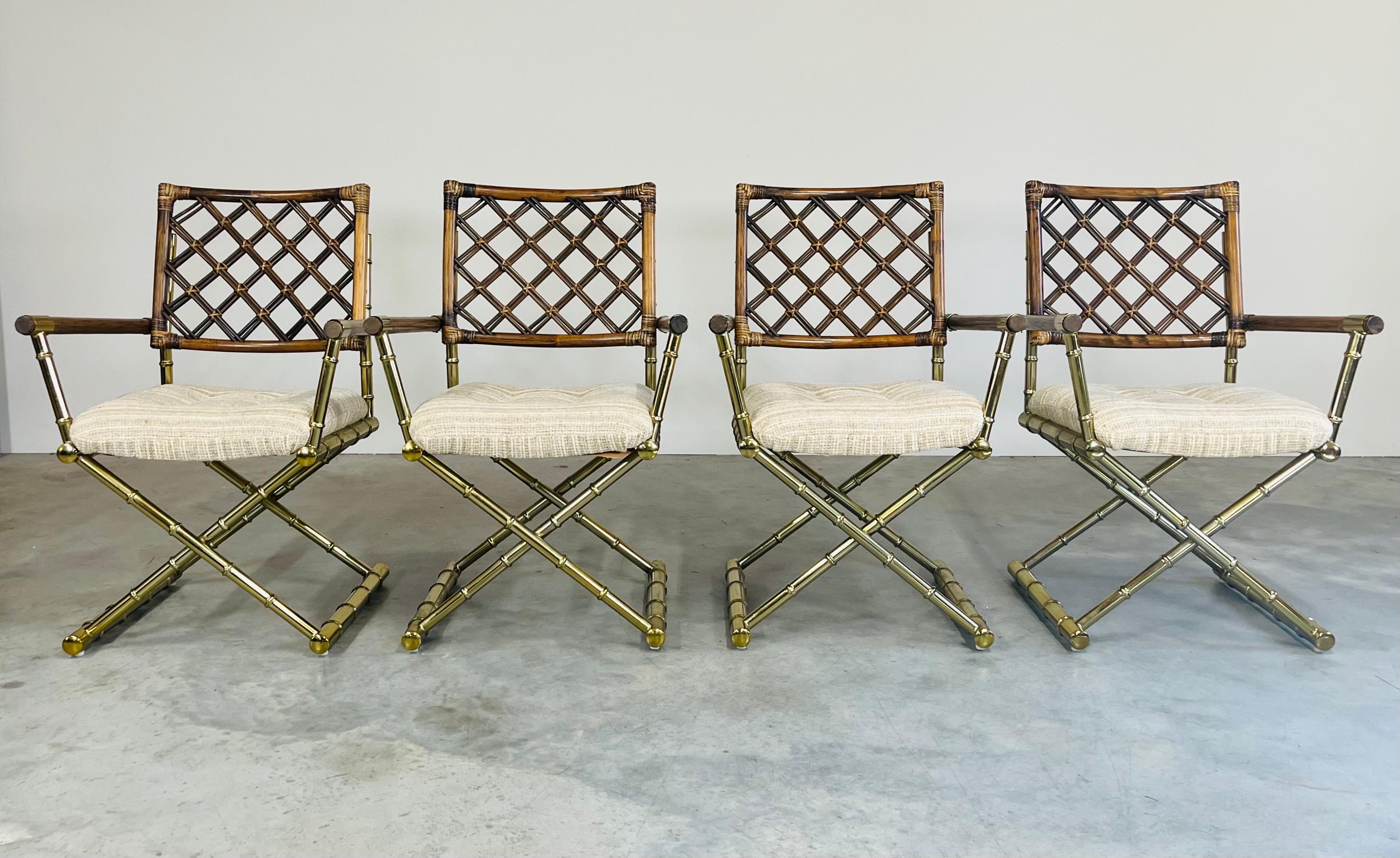Hollywood Regency 4 Vintage Cleo Baldon Style Daystrom Brass Faux Bamboo Lattice Rattan Armchairs  For Sale