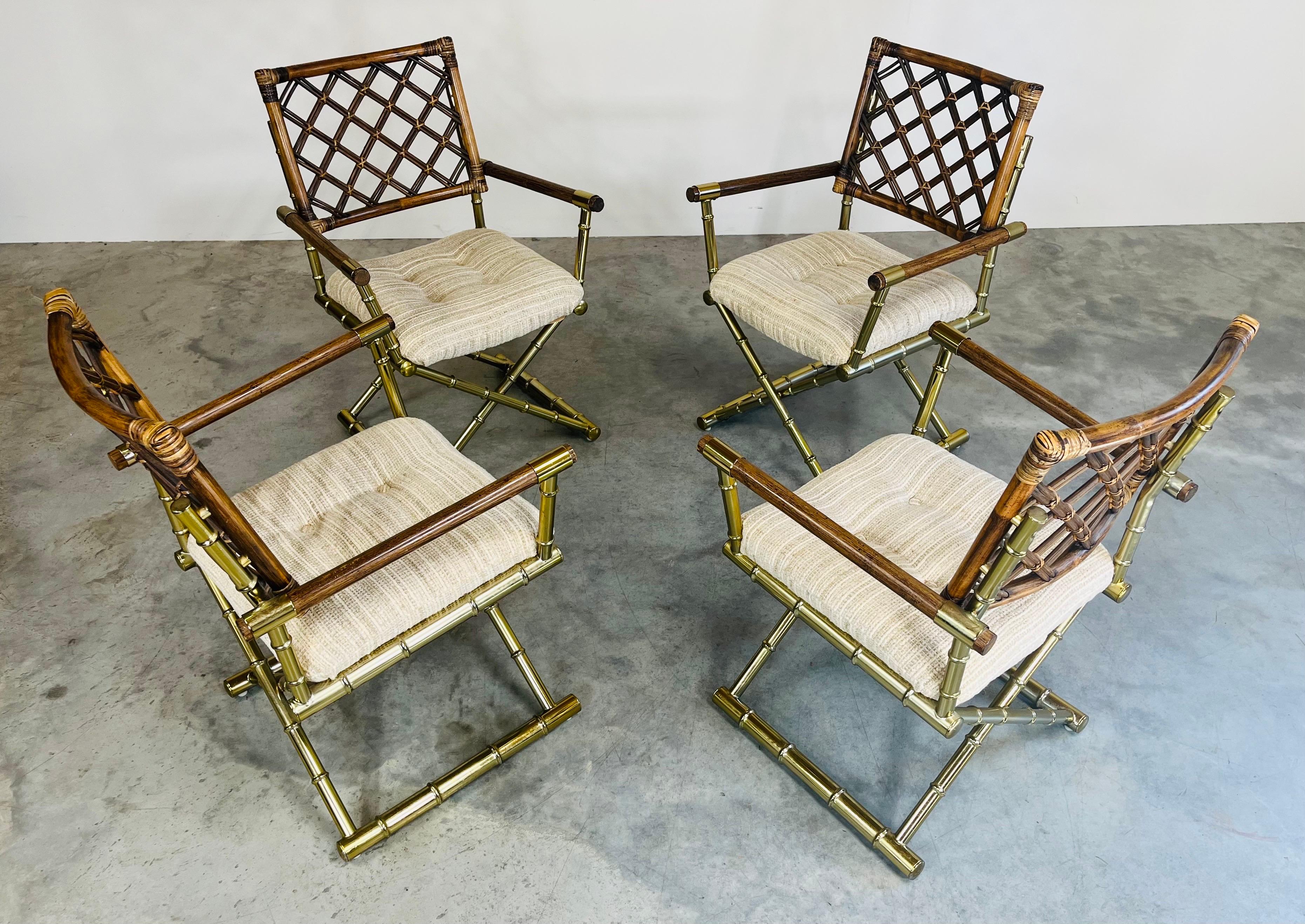 American Vintage Cleo Baldon Style Brass Faux Bamboo Dining Set Table & 4-Armchairs