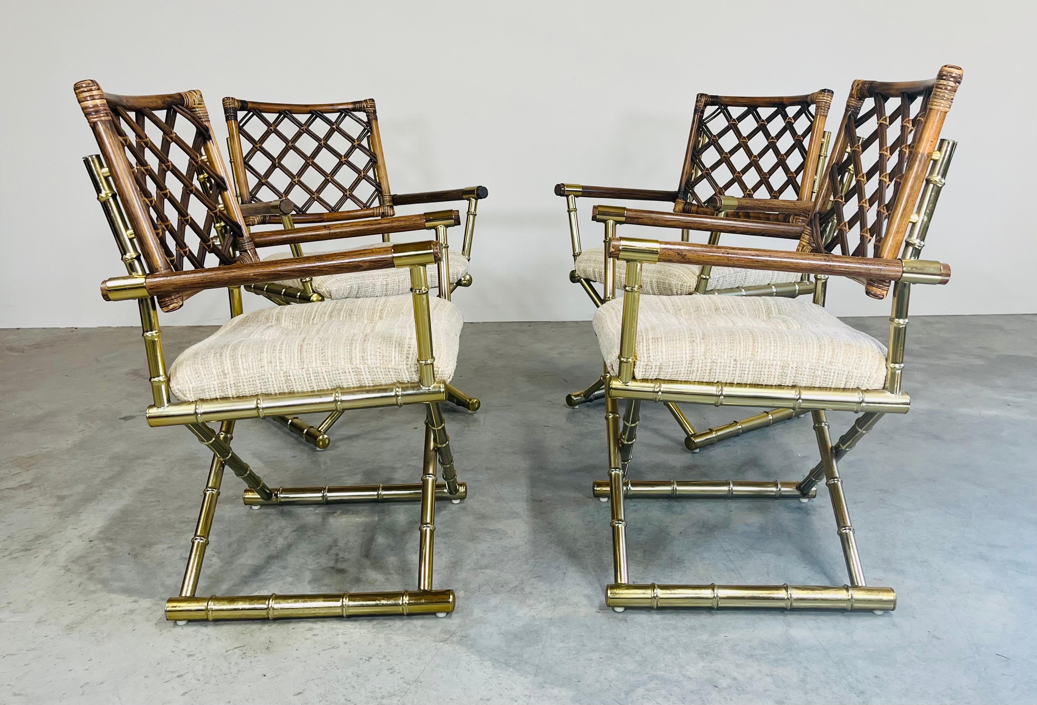 American 4 Vintage Cleo Baldon Style Daystrom Brass Faux Bamboo Lattice Rattan Armchairs  For Sale
