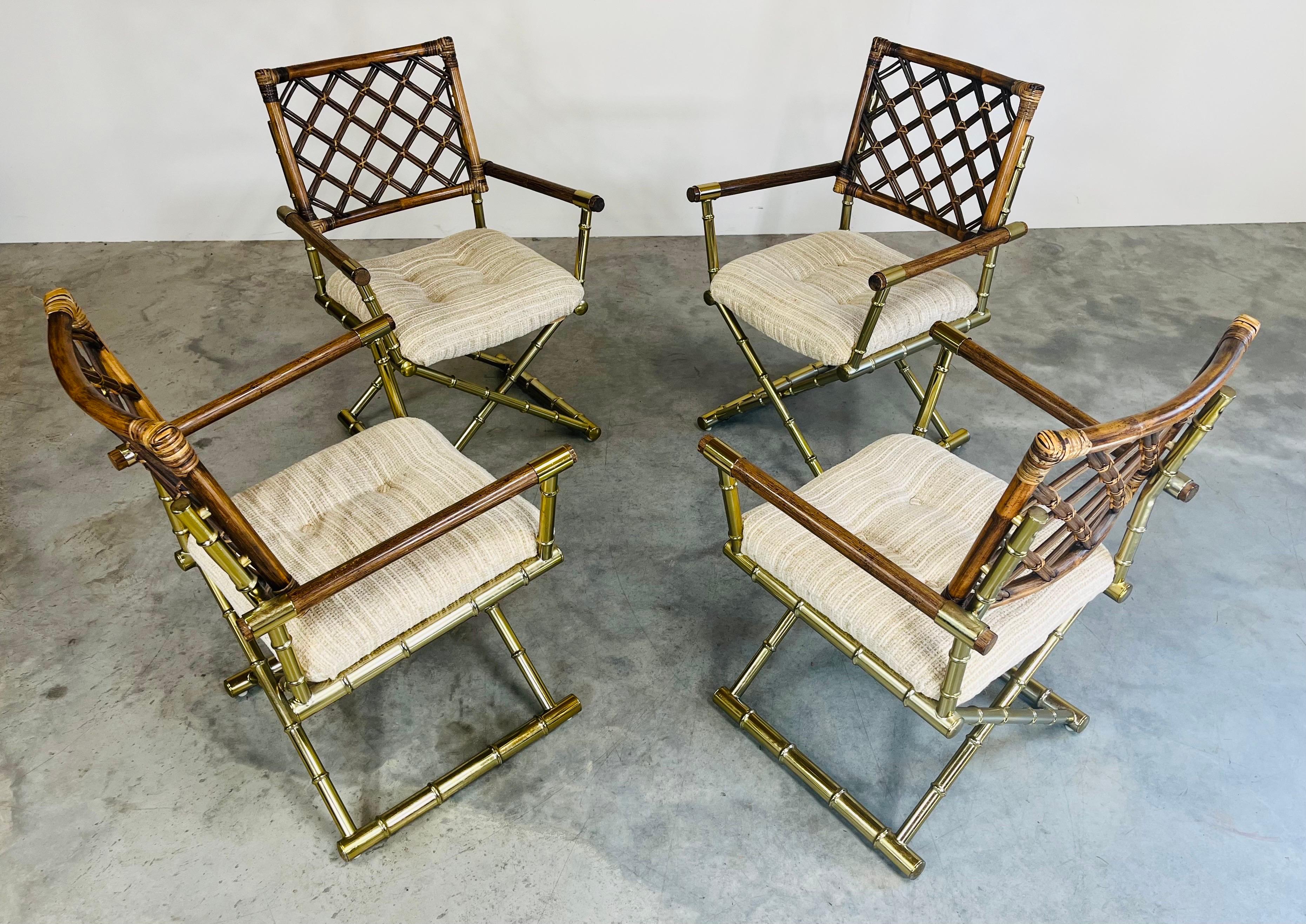 4 Vintage Cleo Baldon Style Daystrom Brass Faux Bamboo Lattice Rattan Armchairs  In Good Condition For Sale In Southampton, NJ