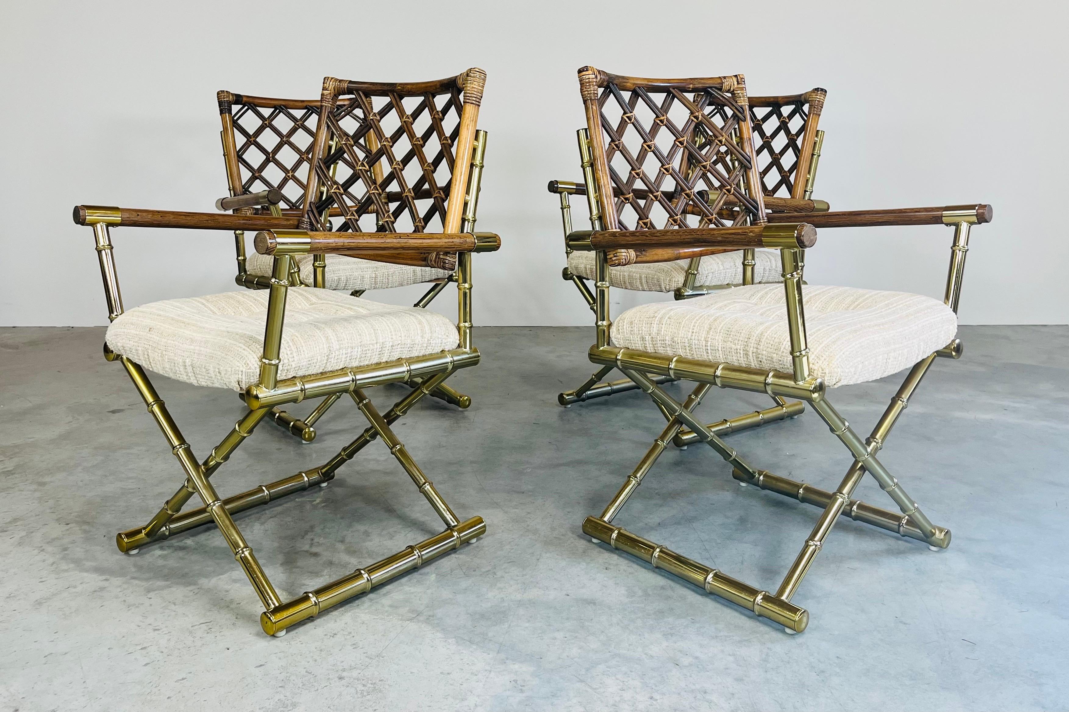 20ième siècle 4 fauteuils vintage de style Cleo Baldon Daystrom en laiton, faux bambou et rotin treillis  en vente