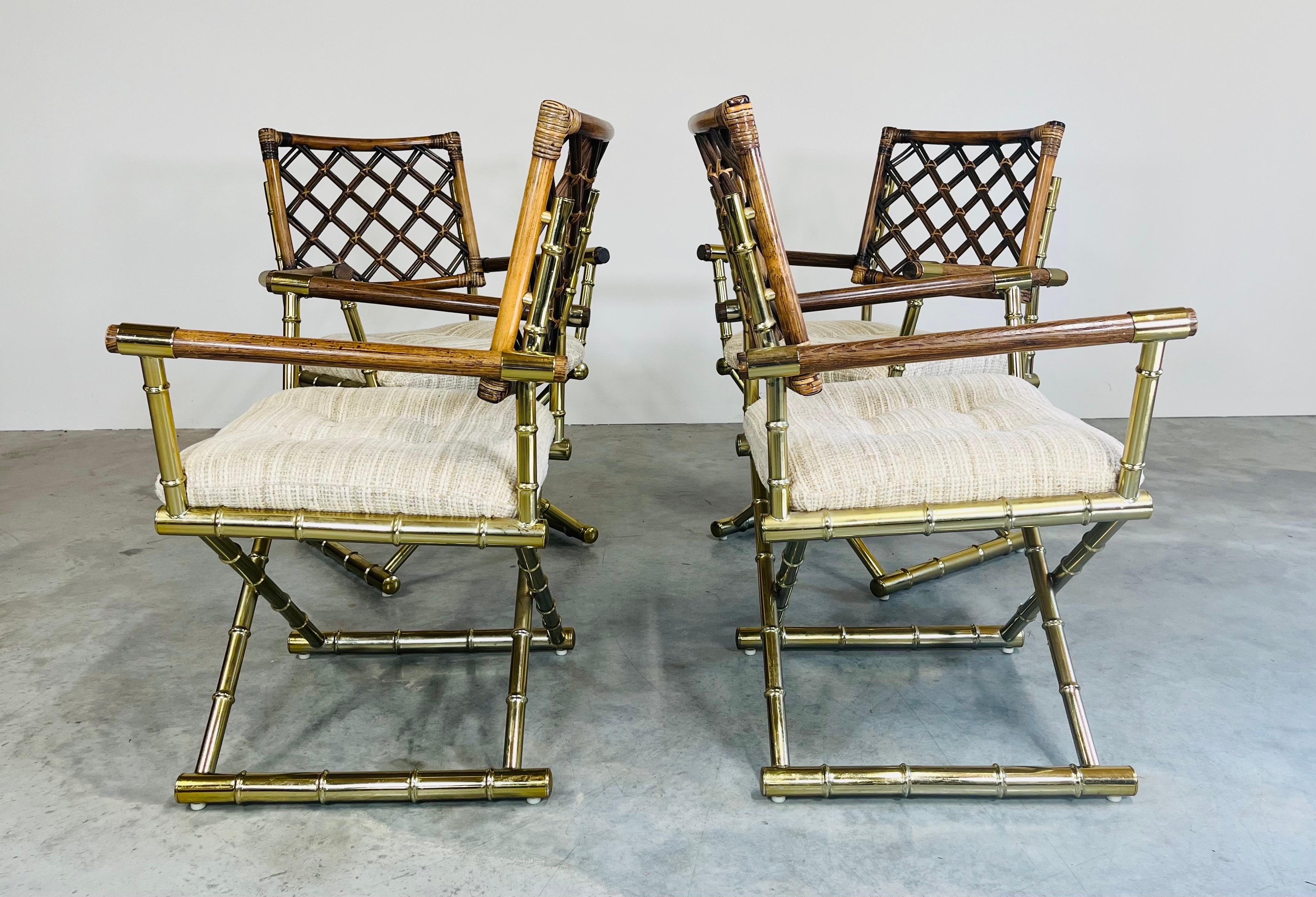 4 Vintage Cleo Baldon Style Daystrom Brass Faux Bamboo Lattice Rattan Armchairs  For Sale 1