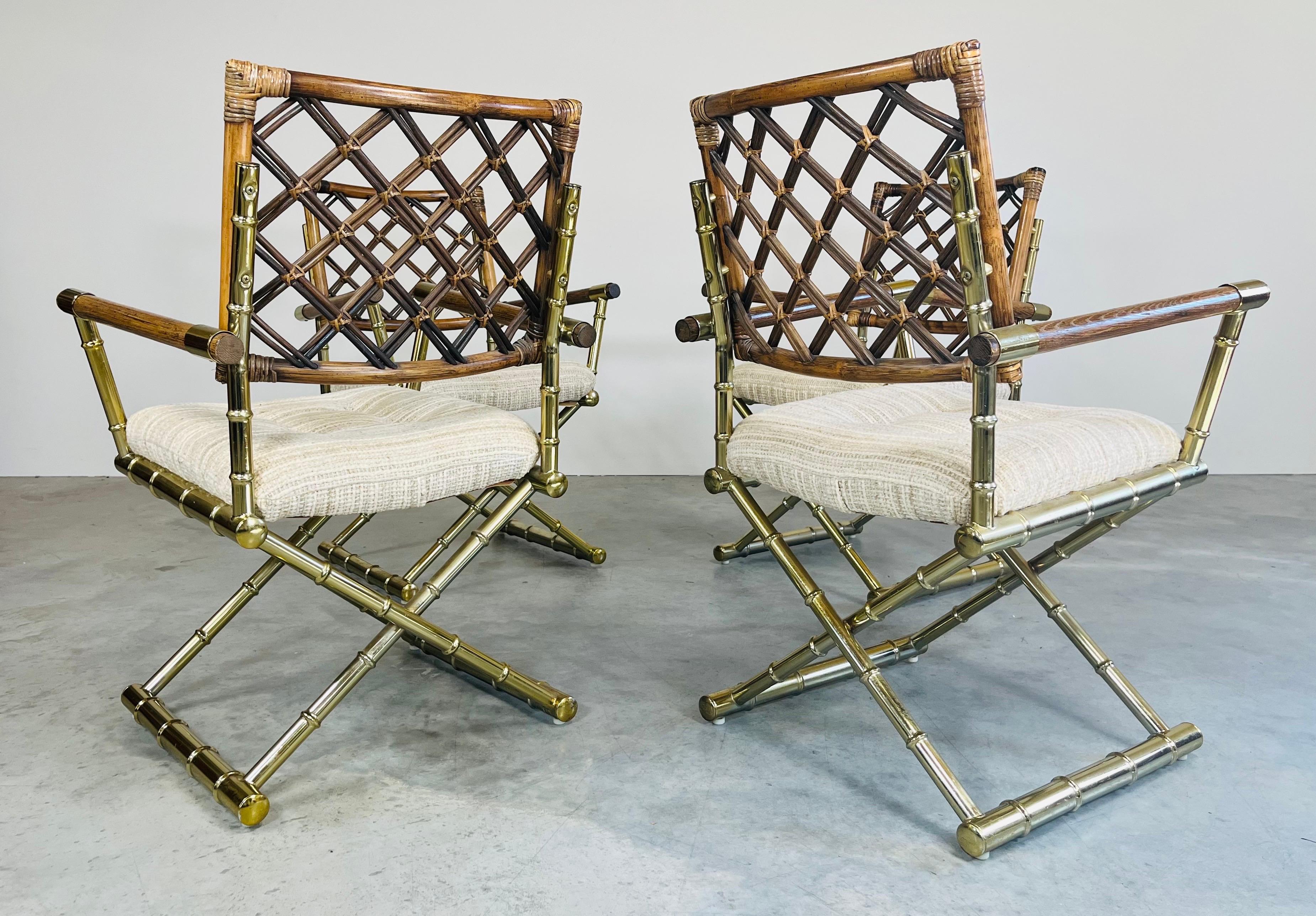 4 Vintage Cleo Baldon Style Daystrom Brass Faux Bamboo Lattice Rattan Armchairs  For Sale 2