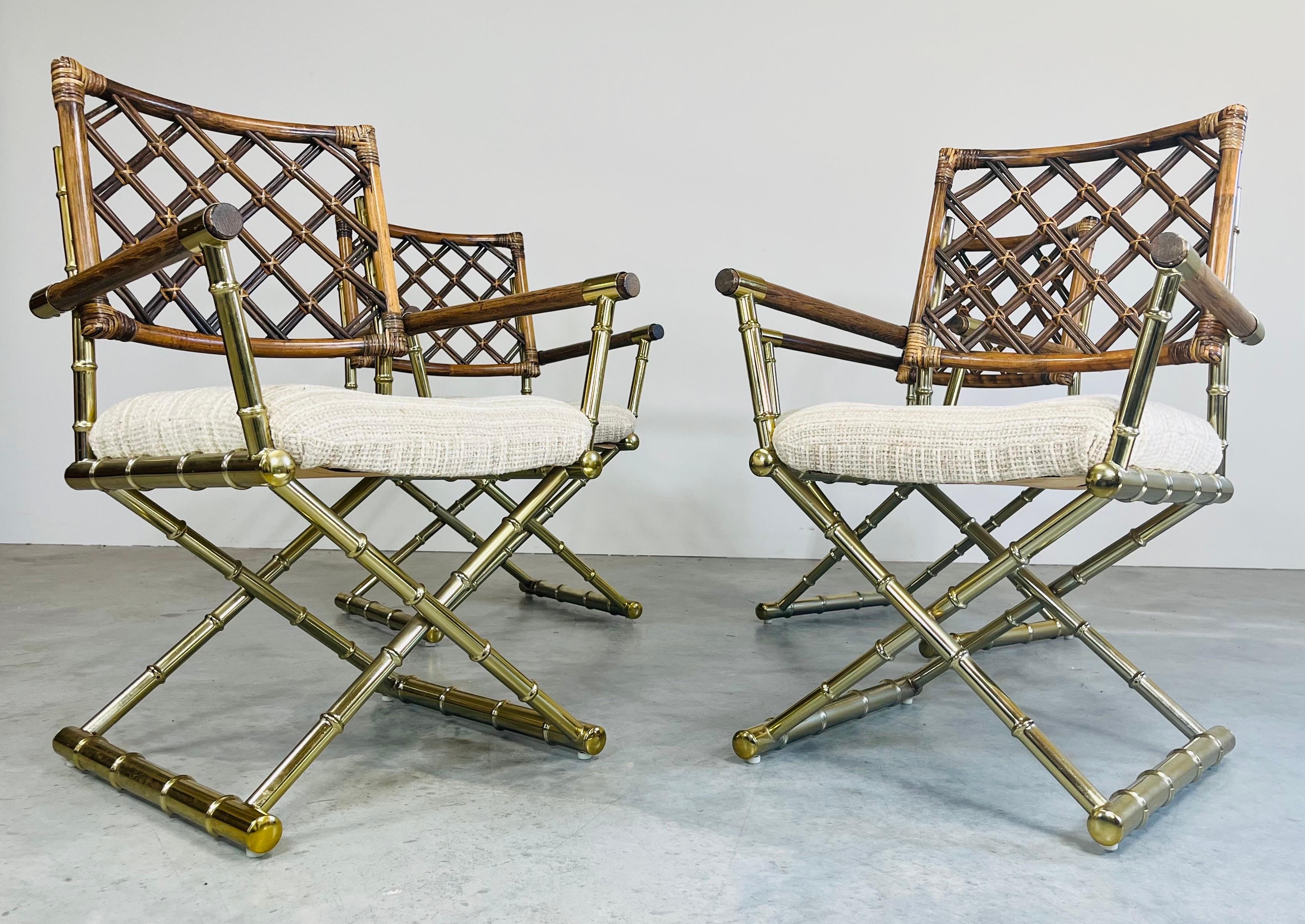 4 Vintage Cleo Baldon Style Daystrom Brass Faux Bamboo Lattice Rattan Armchairs  For Sale 3