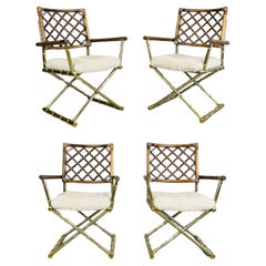 4 Vintage Cleo Baldon Style Daystrom Brass Faux Bamboo Lattice Rattan Armchairs 