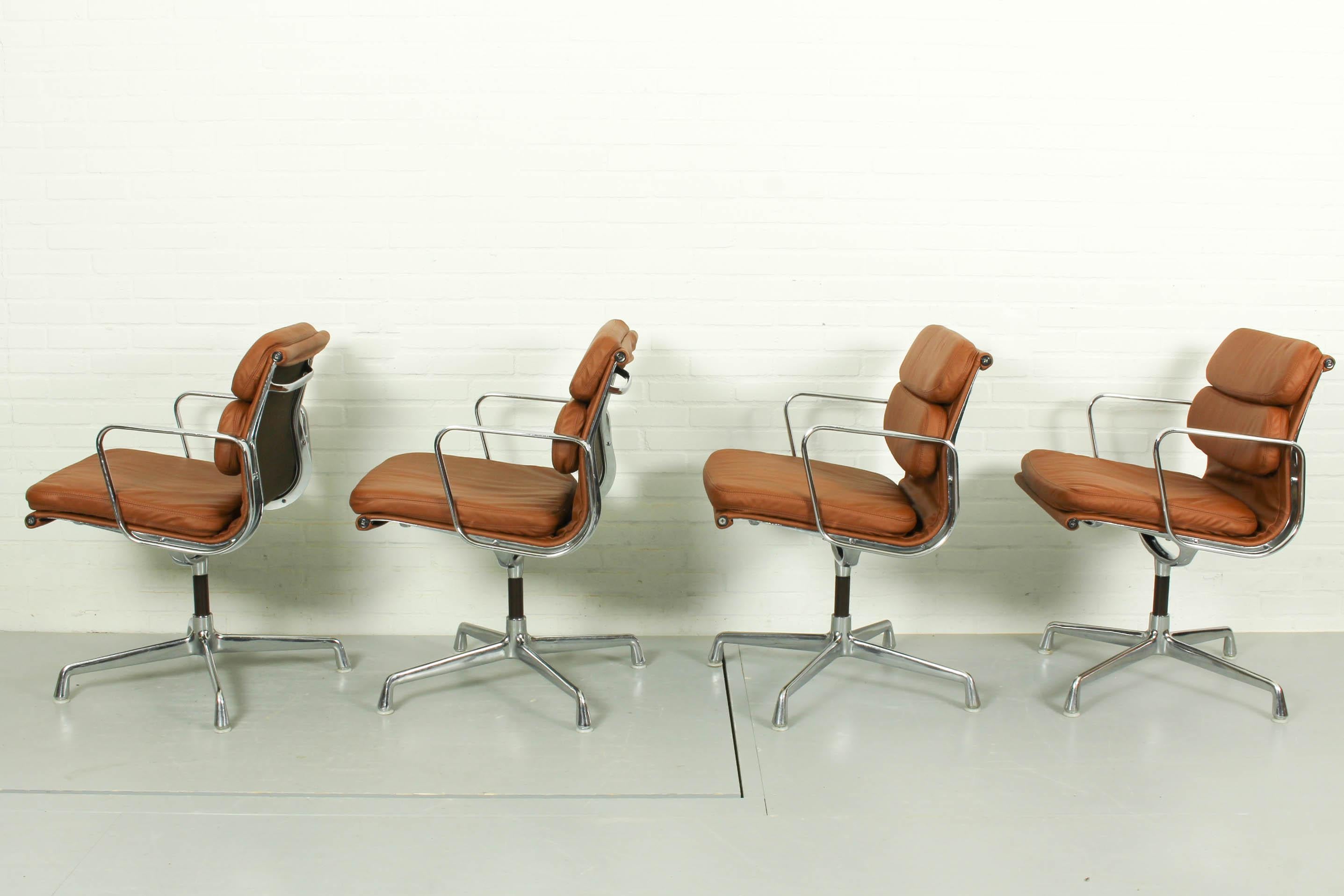4 Vintage Cognac Leather EA208 Soft Pad Chairs Charles Ray Eames for Vitra 1970s 3