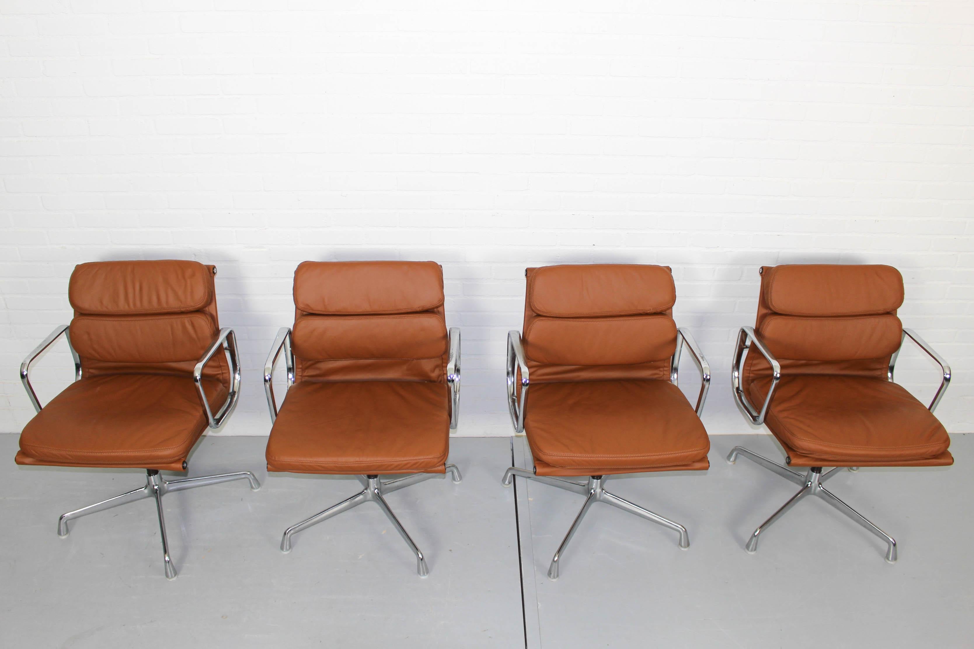 4 Vintage Cognac Leather EA208 Soft Pad Chairs Charles Ray Eames for Vitra 1970s 4