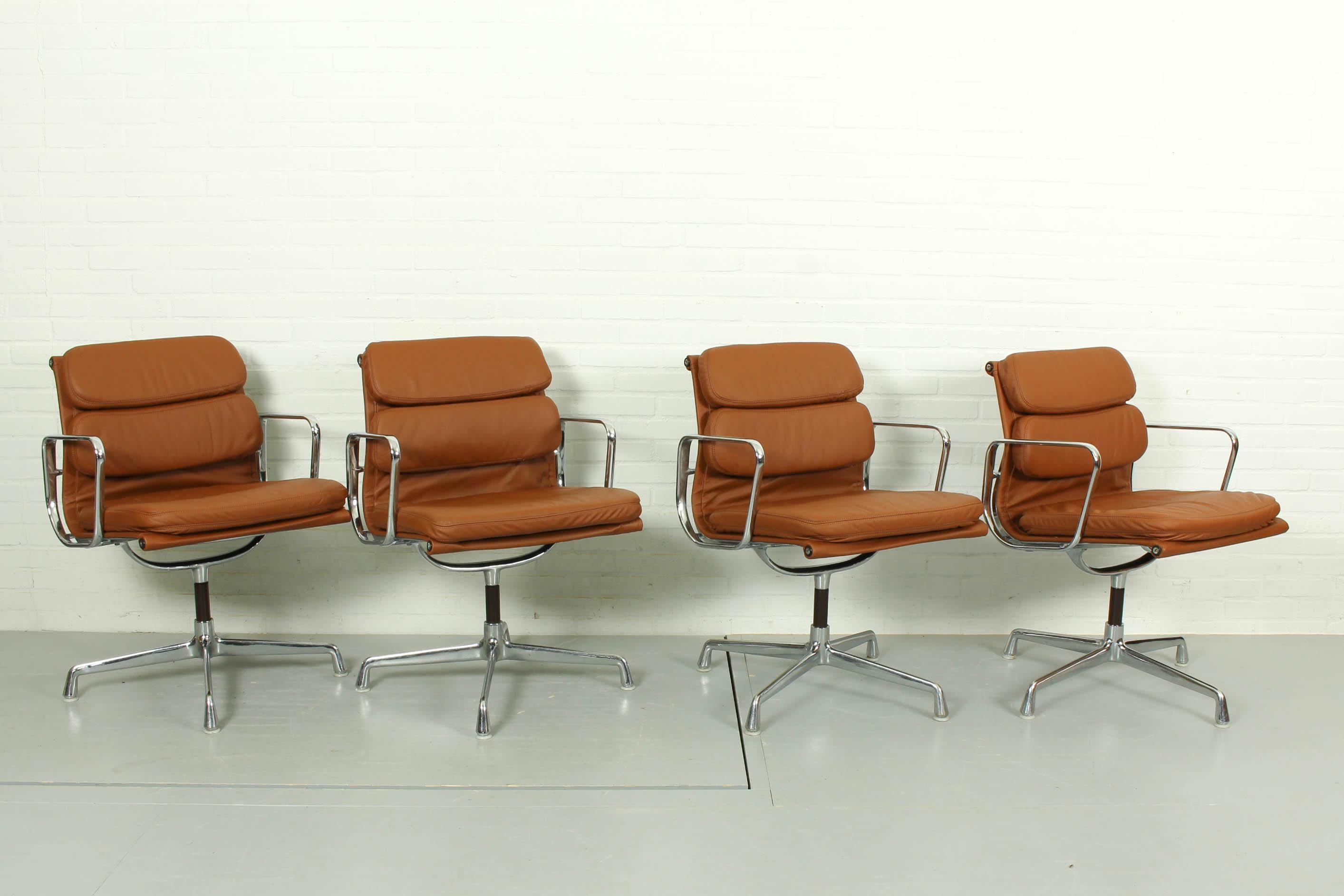 Mid-Century Modern 4 Vintage Cognac Leather EA208 Soft Pad Chairs Charles Ray Eames for Vitra 1970s