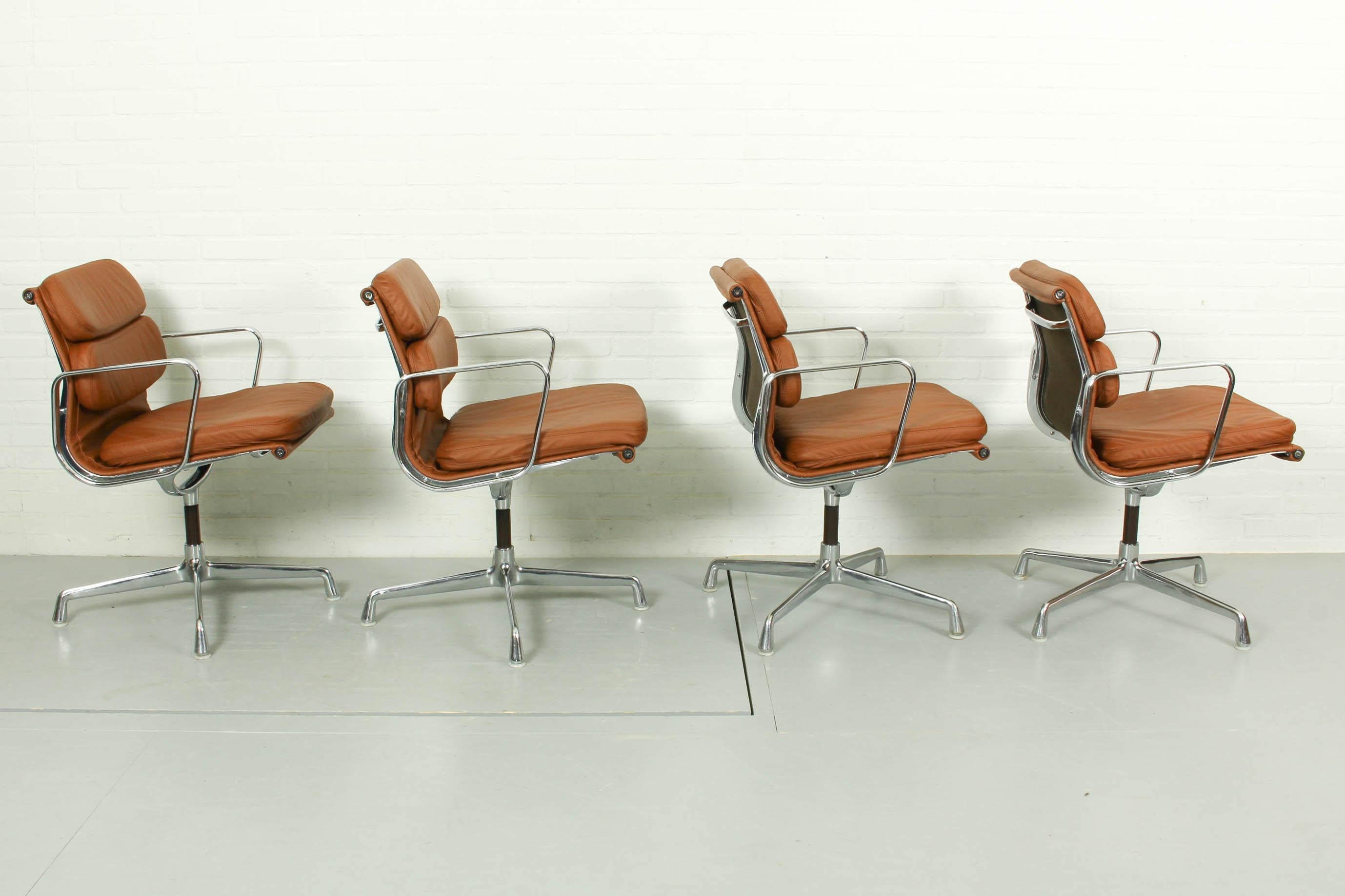 German 4 Vintage Cognac Leather EA208 Soft Pad Chairs Charles Ray Eames for Vitra 1970s